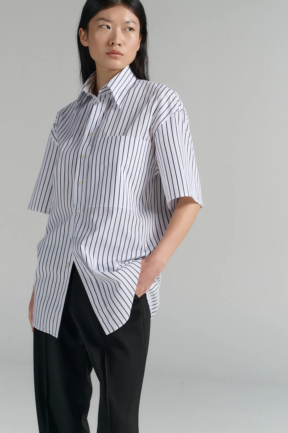 Short Sleeve Button-Up Shirt Stripe Black sold by Ivalo.com