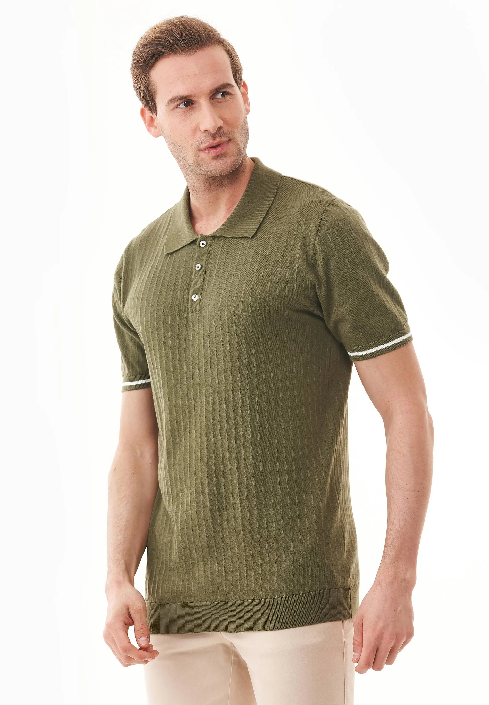 Men's Textured Knit Polo Shirt Khaki sold by Ivalo.com