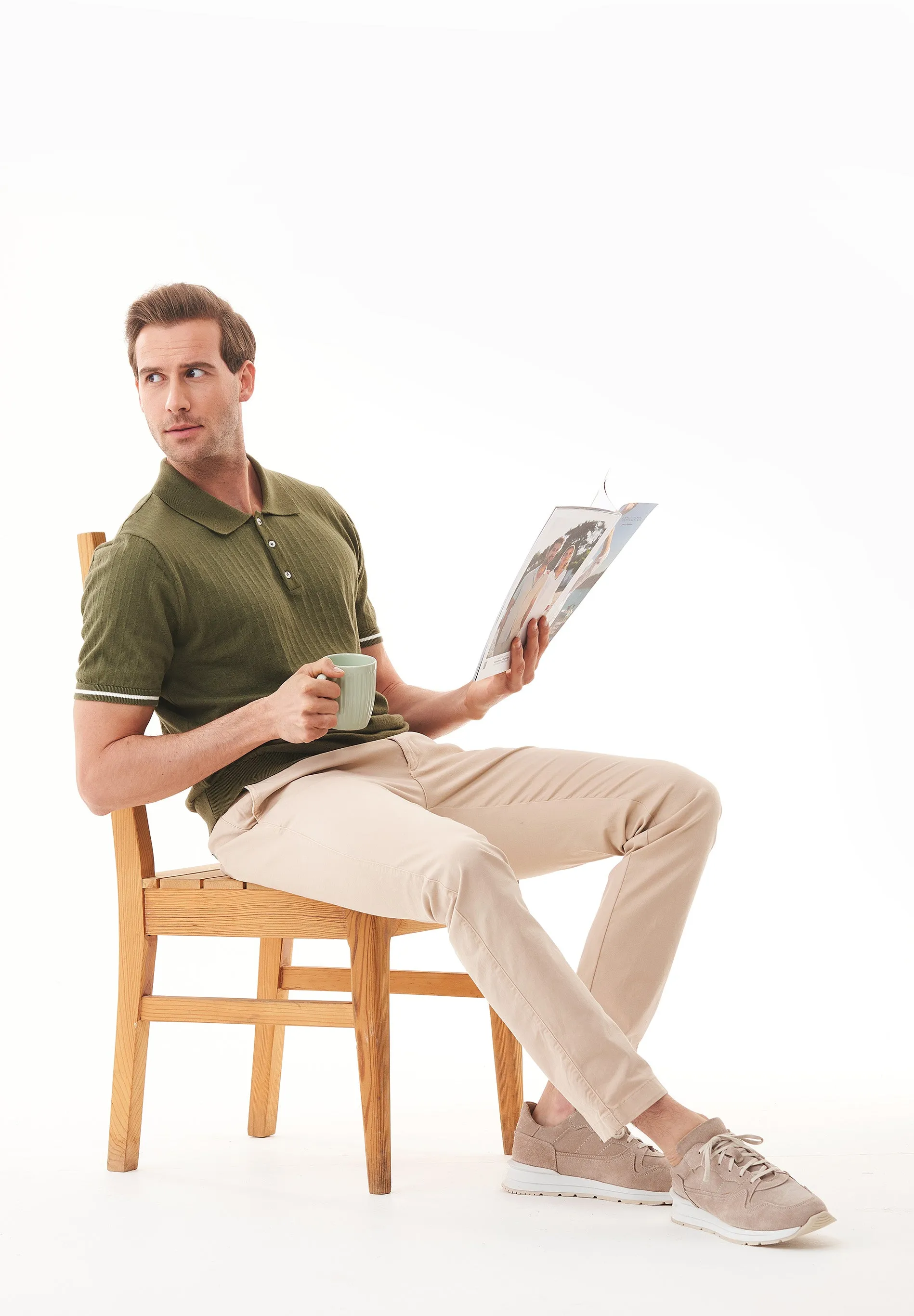 Men's Textured Knit Polo Shirt Khaki sold by Ivalo.com product image thumbnail 3