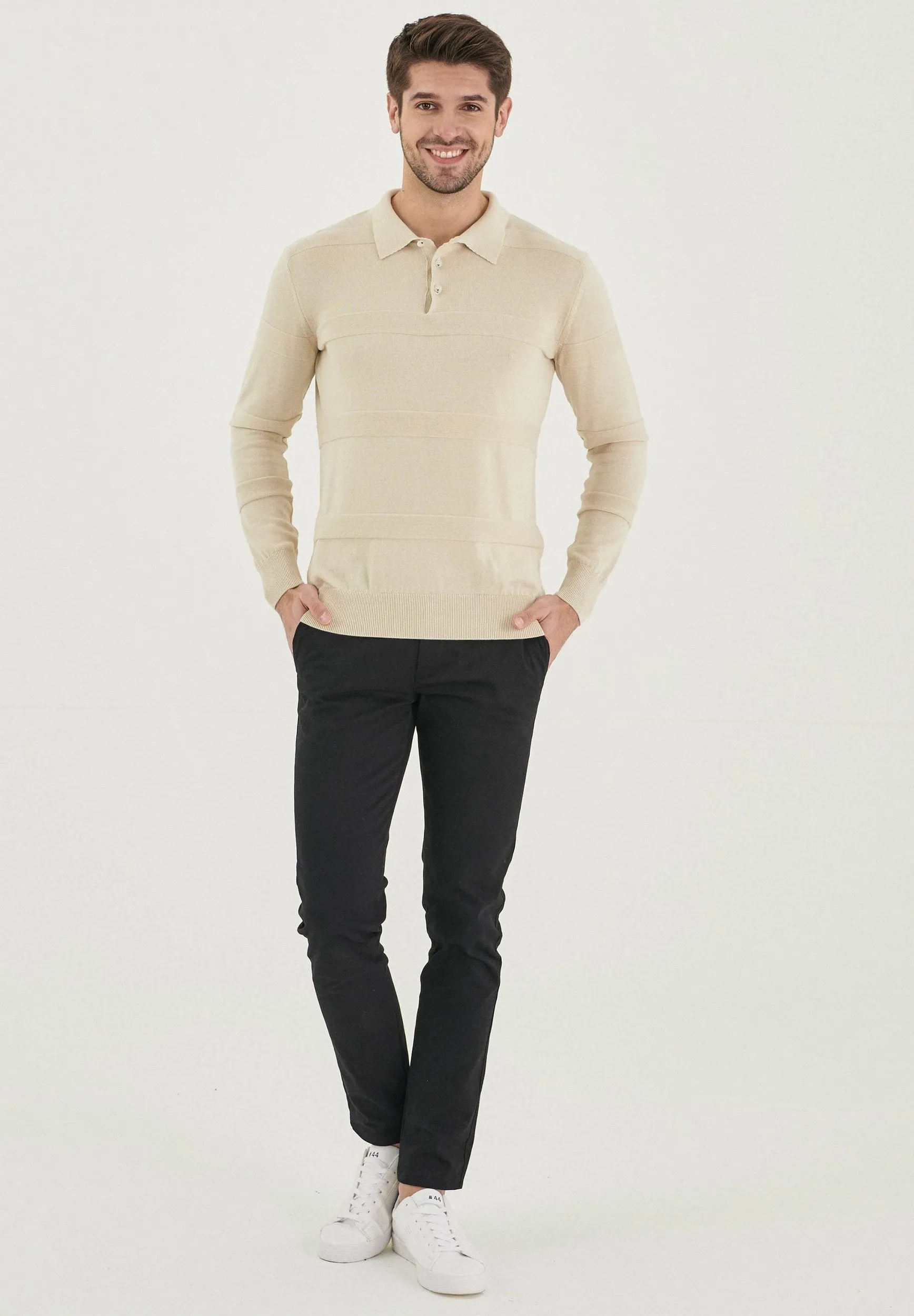 Men's Polo Collar Striped Knit Sweater Ecru sold by Ivalo.com product image thumbnail 3