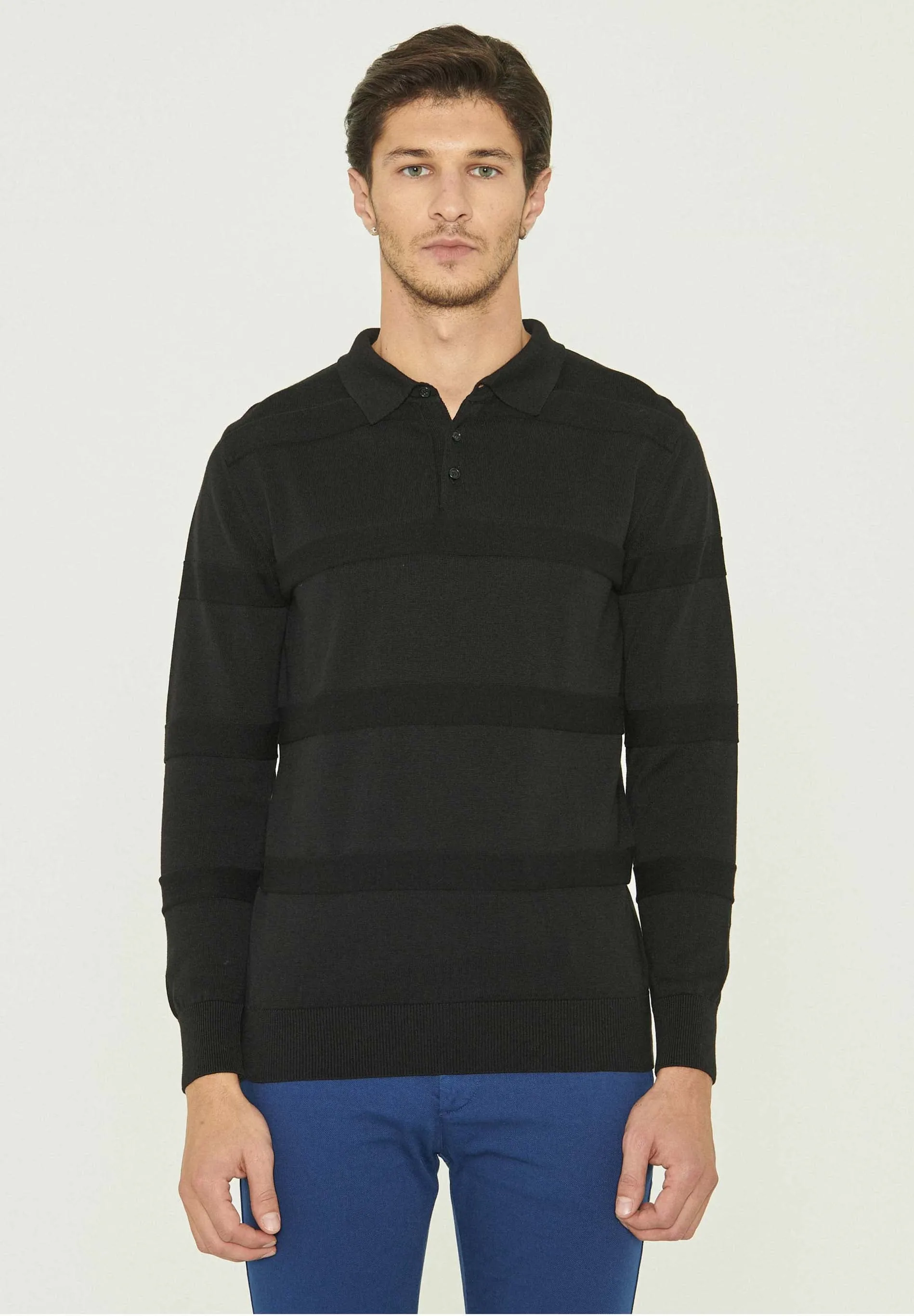 Men's Polo Collar Striped Knit Sweater Black sold by Ivalo.com