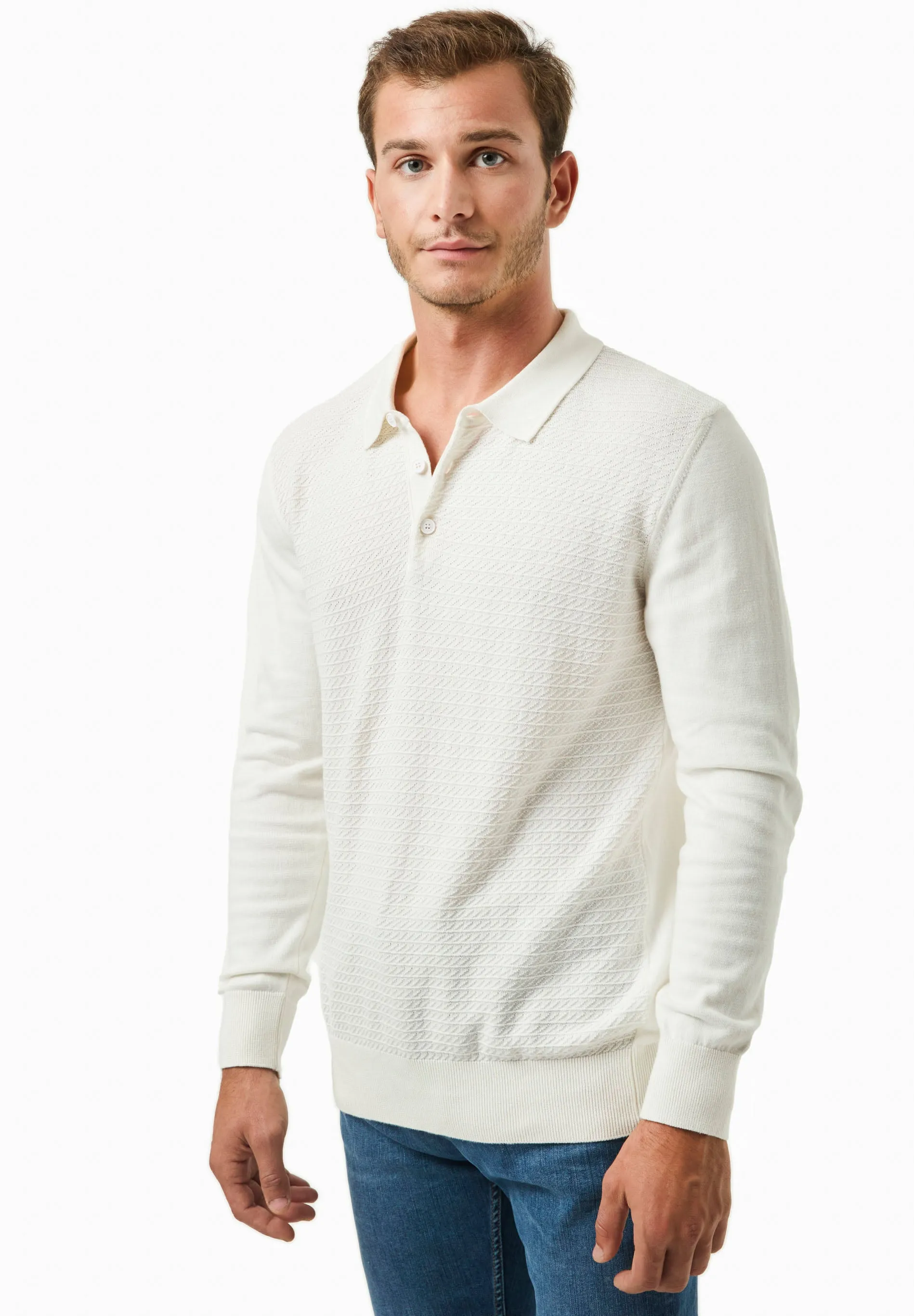 Men's Textured Knit Polo Collar Sweater Off White sold by Ivalo.com product image thumbnail 4