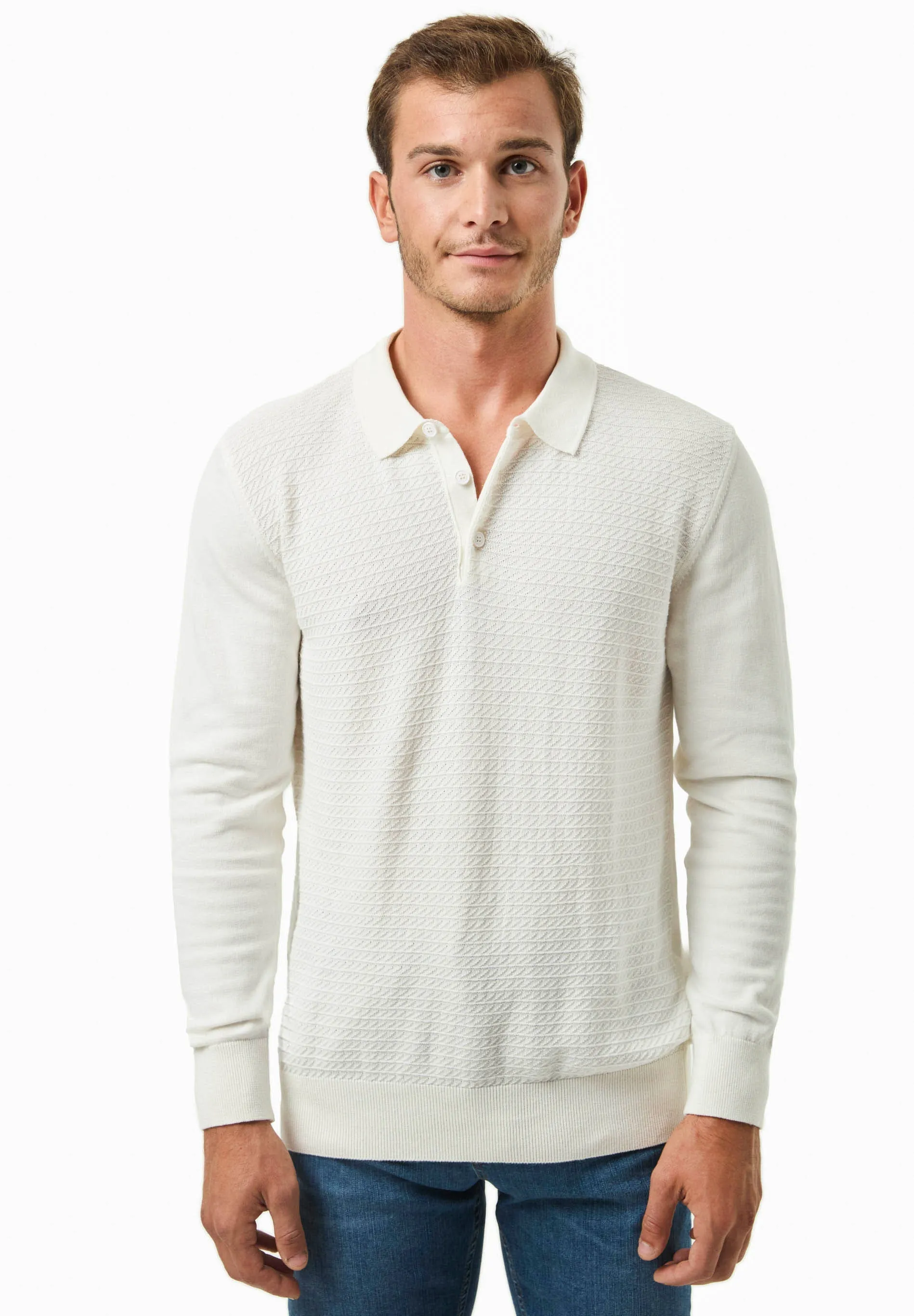 Men's Textured Knit Polo Collar Sweater Off White sold by Ivalo.com