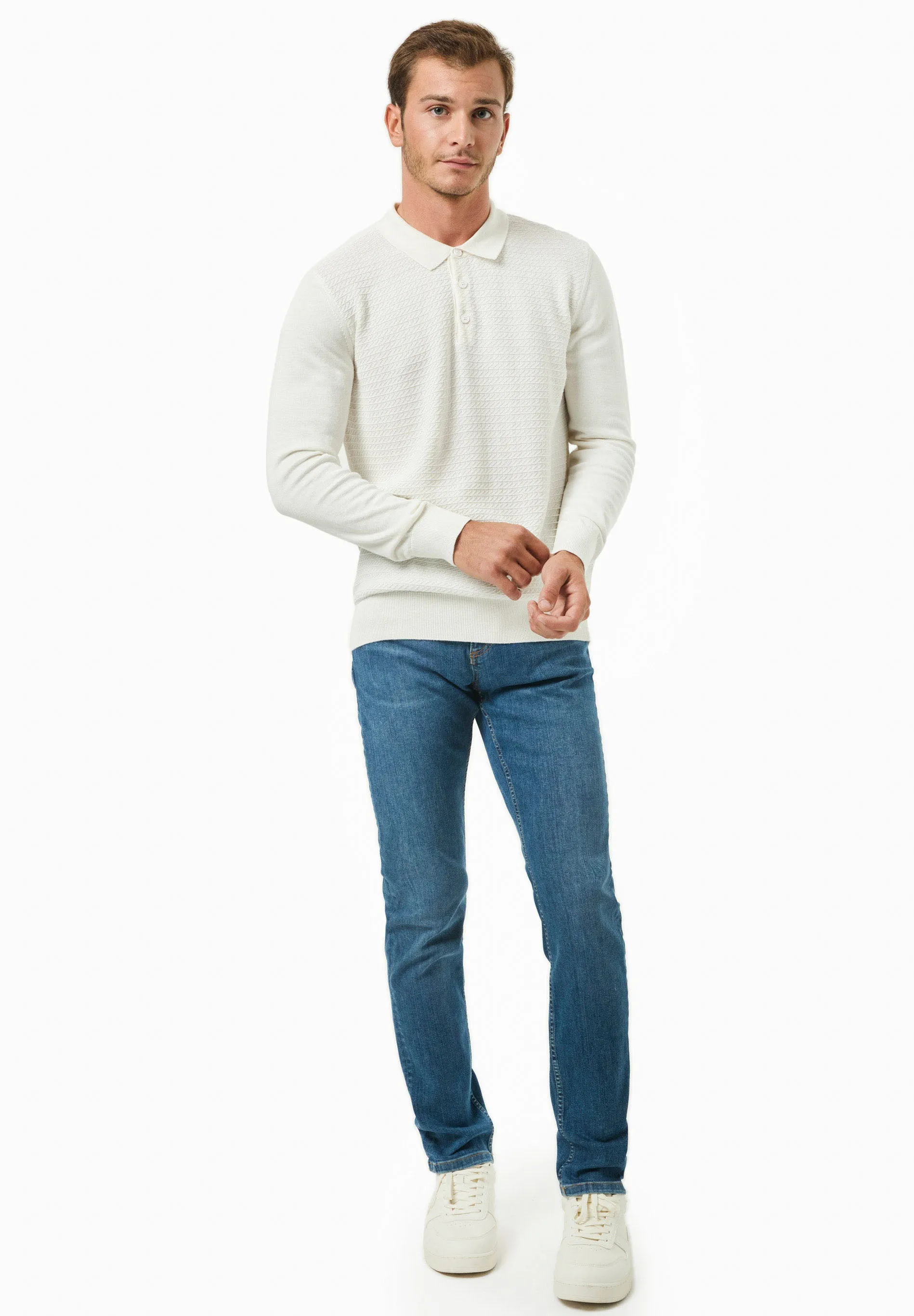 Men's Textured Knit Polo Collar Sweater Off White sold by Ivalo.com product image thumbnail 3