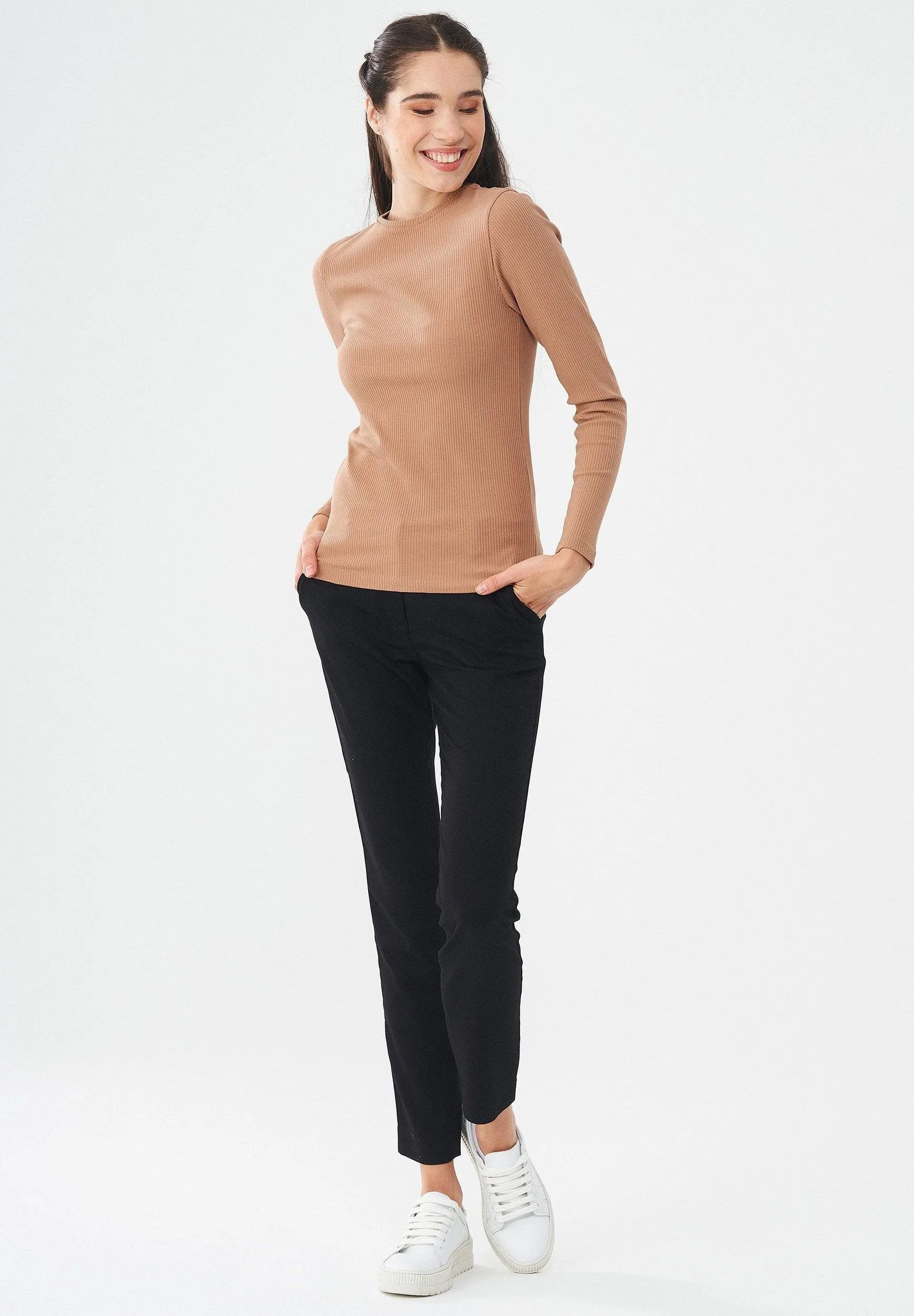Women's Ribbed Round Neck Long-Sleeved Top Light Brown sold by Ivalo.com product image thumbnail 4