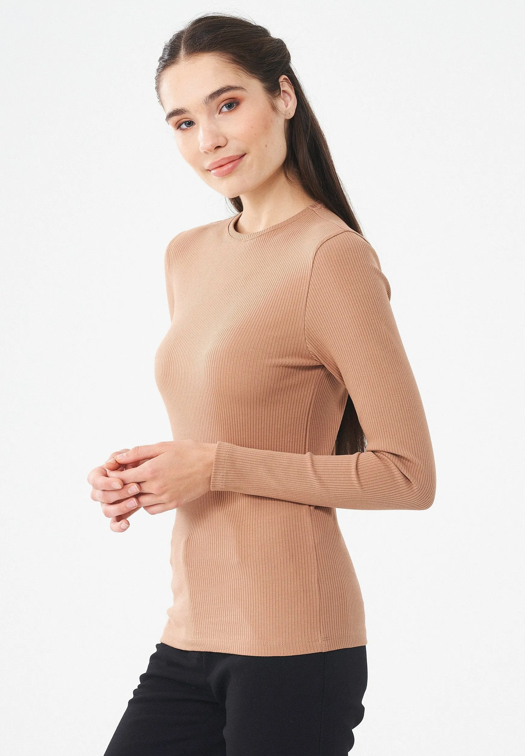 Women's Ribbed Round Neck Long-Sleeved Top Light Brown sold by Ivalo.com