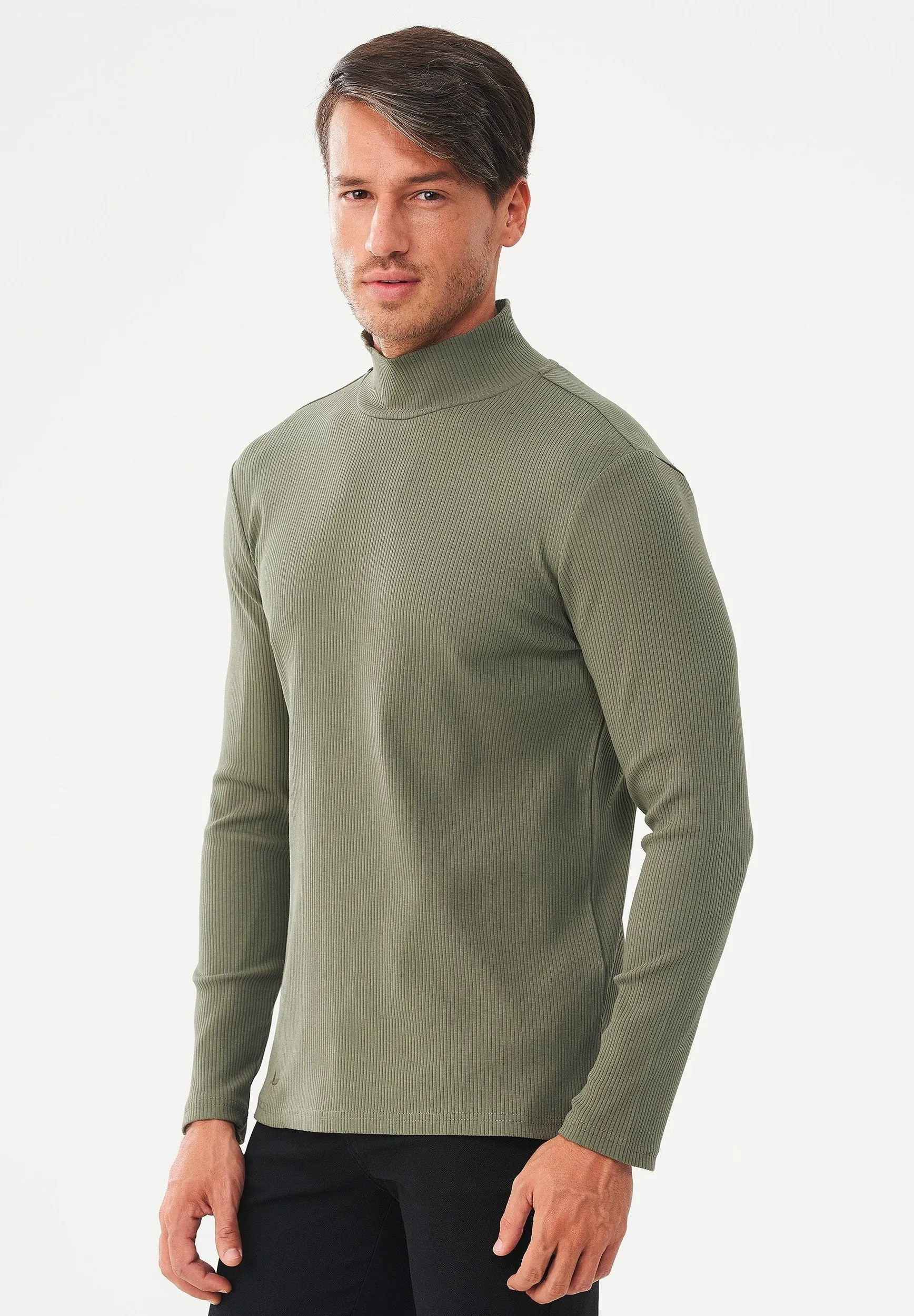 Men's Long-Sleeved Ribbed Turtleneck Shirt Khaki sold by Ivalo.com product image thumbnail 4