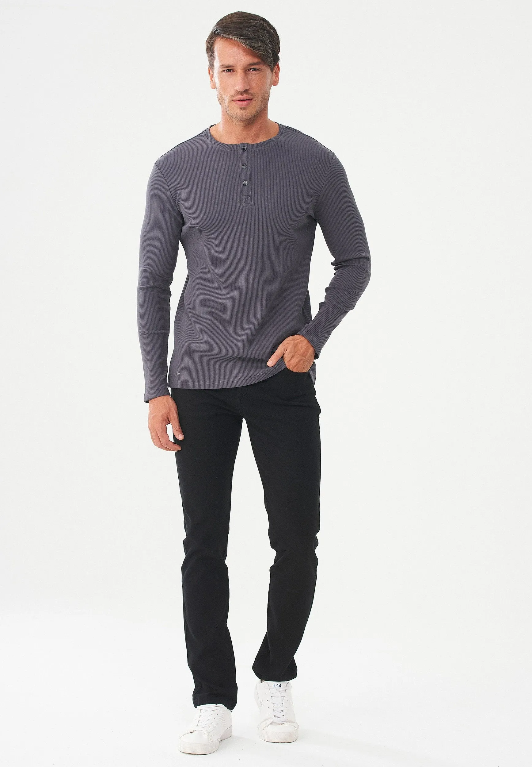 Men's Long-Sleeved Ribbed Henley Shirt Asphalt sold by Ivalo.com product image thumbnail 3