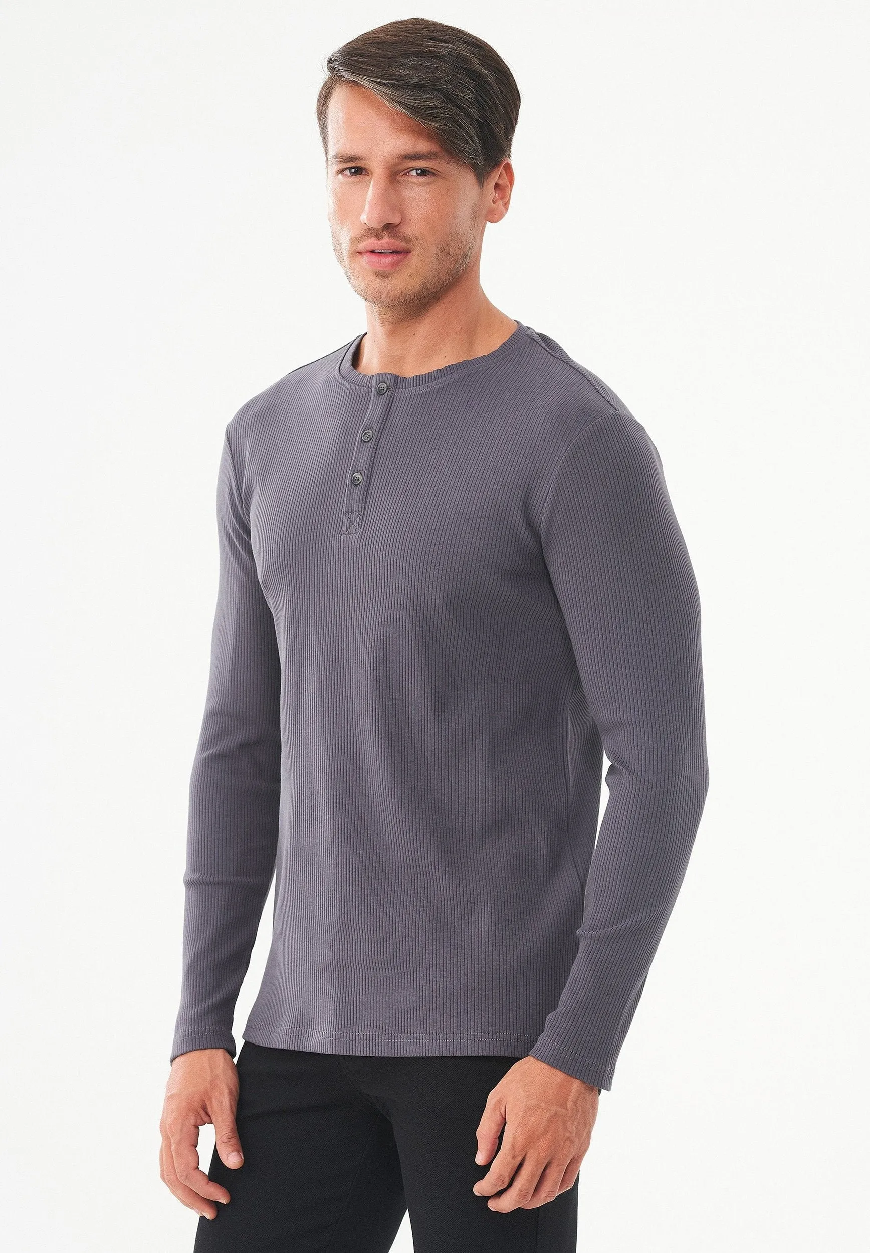 Men's Long-Sleeved Ribbed Henley Shirt Asphalt sold by Ivalo.com product image thumbnail 4