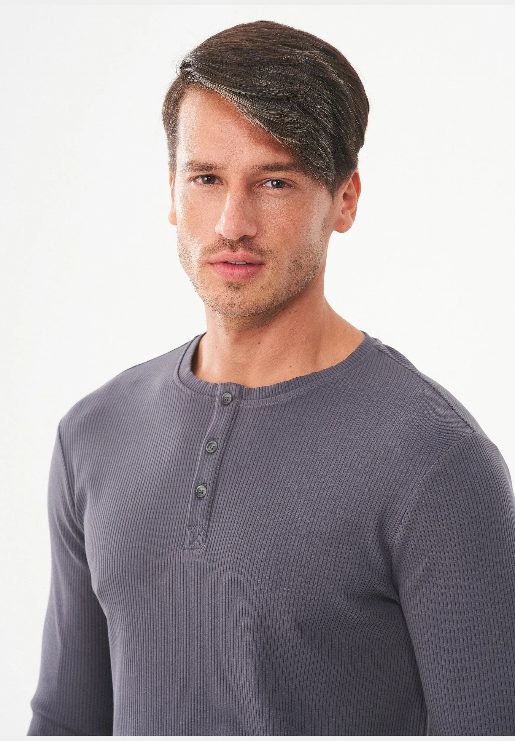 Men's Long-Sleeved Ribbed Henley Shirt Asphalt sold by Ivalo.com product image thumbnail 5