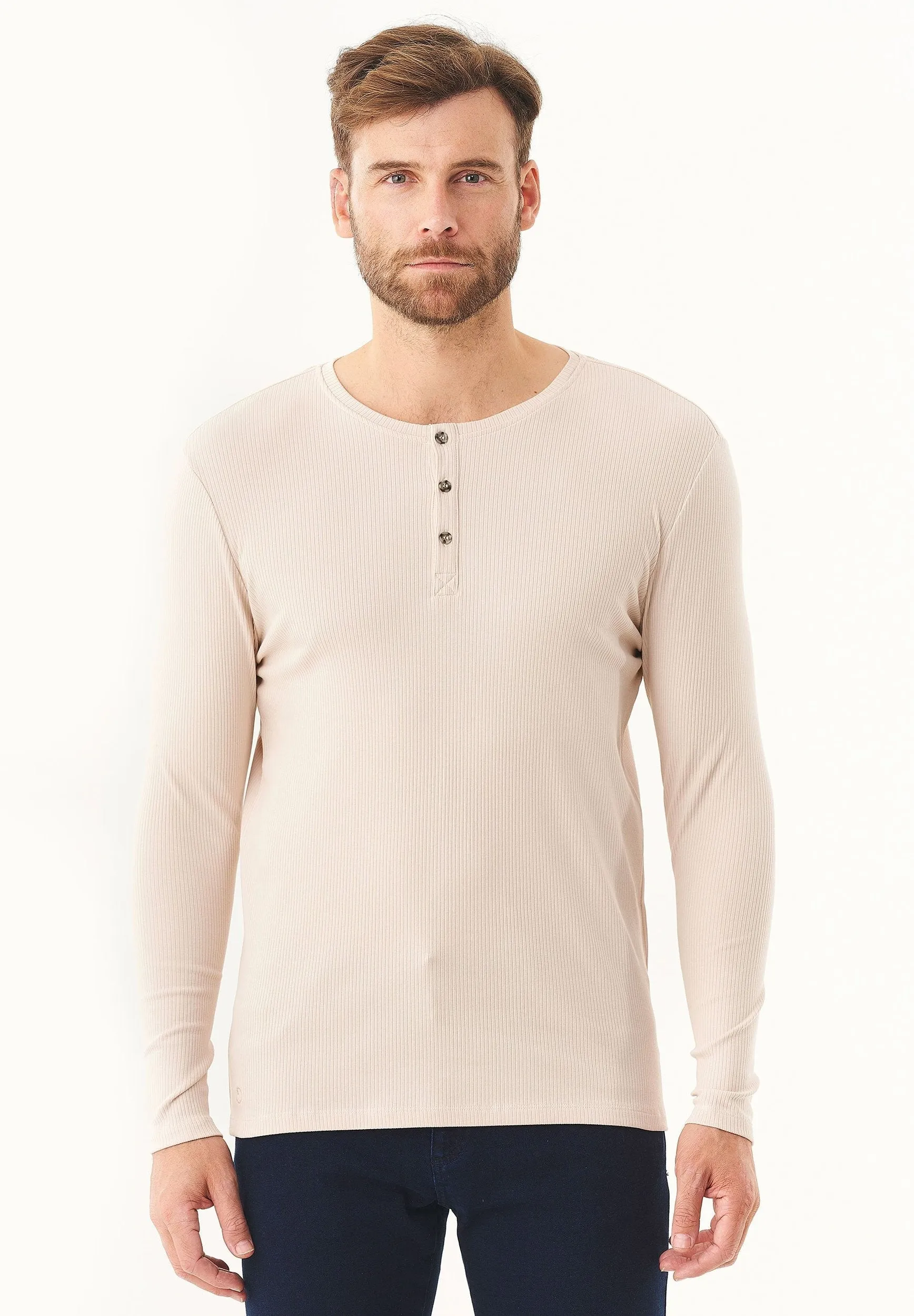 Men's Long-Sleeved Ribbed Henley Shirt Stone sold by Ivalo.com