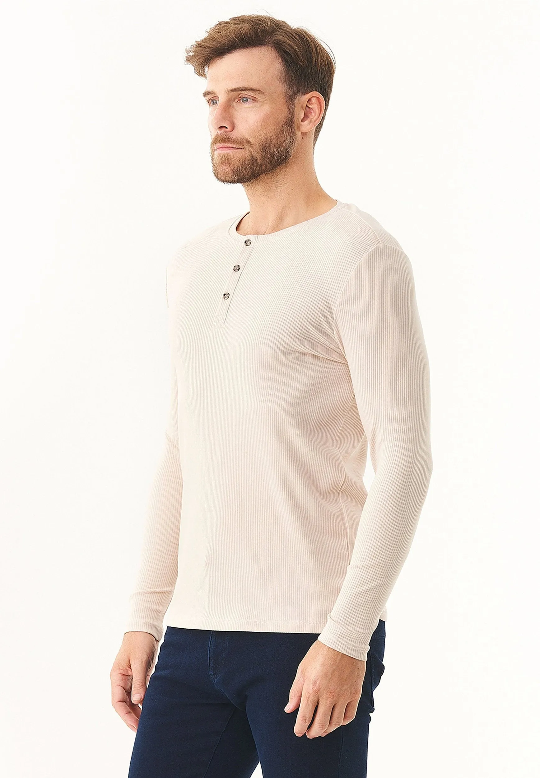 Men's Long-Sleeved Ribbed Henley Shirt Stone sold by Ivalo.com product image thumbnail 3
