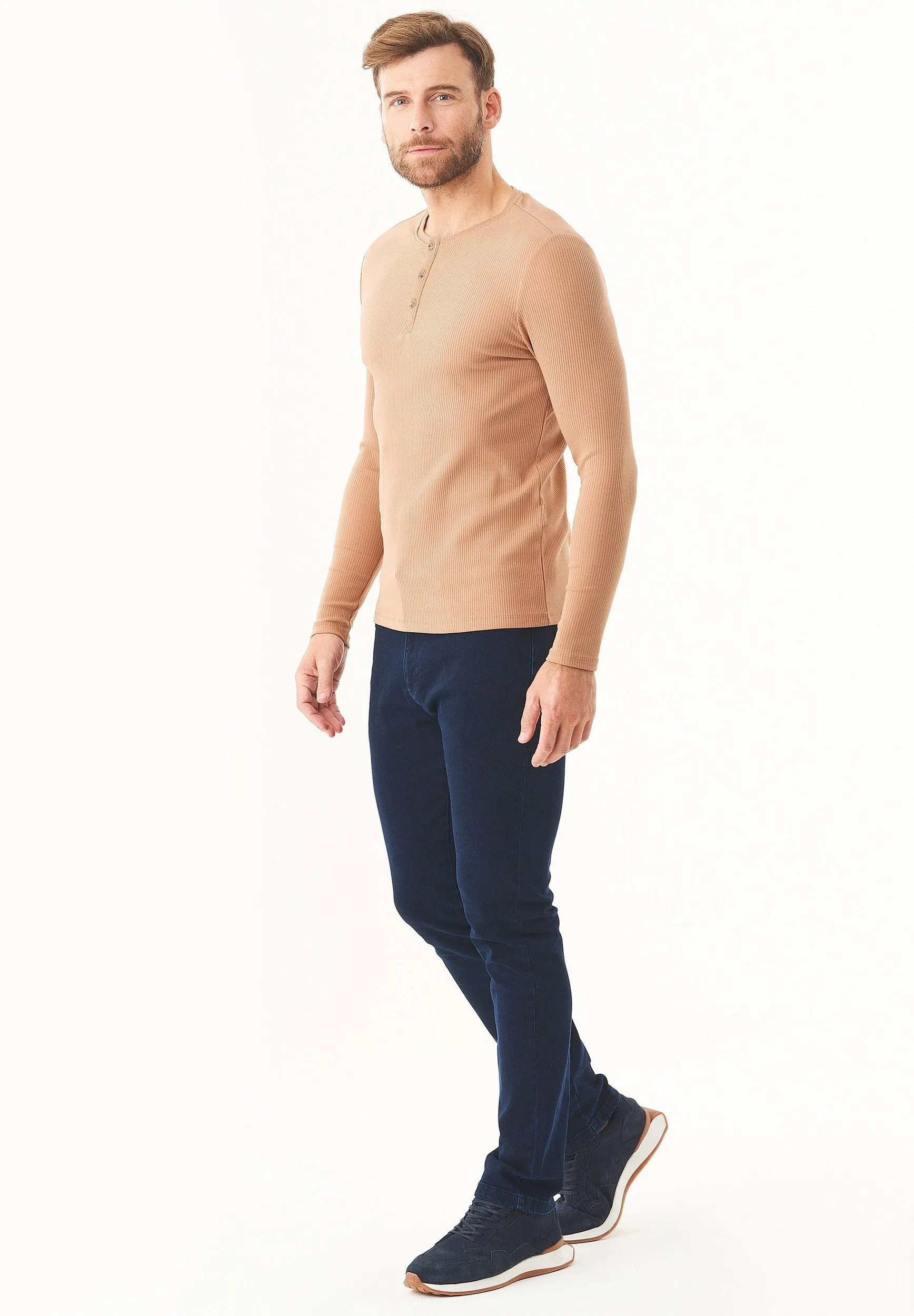 Men's Long-Sleeved Ribbed Henley Shirt Light Brown sold by Ivalo.com product image thumbnail 4