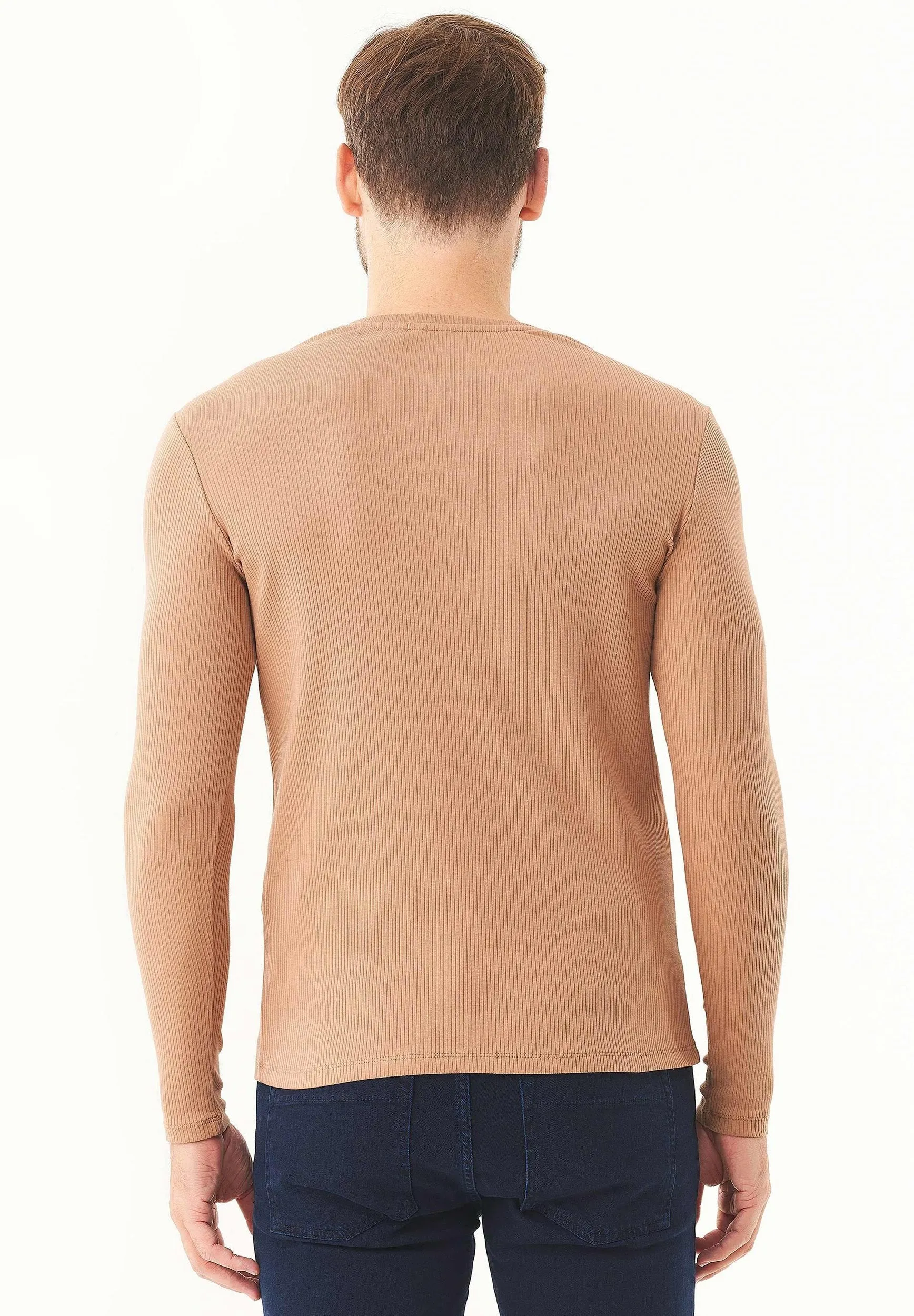 Men's Long-Sleeved Ribbed Henley Shirt Light Brown sold by Ivalo.com product image thumbnail 2
