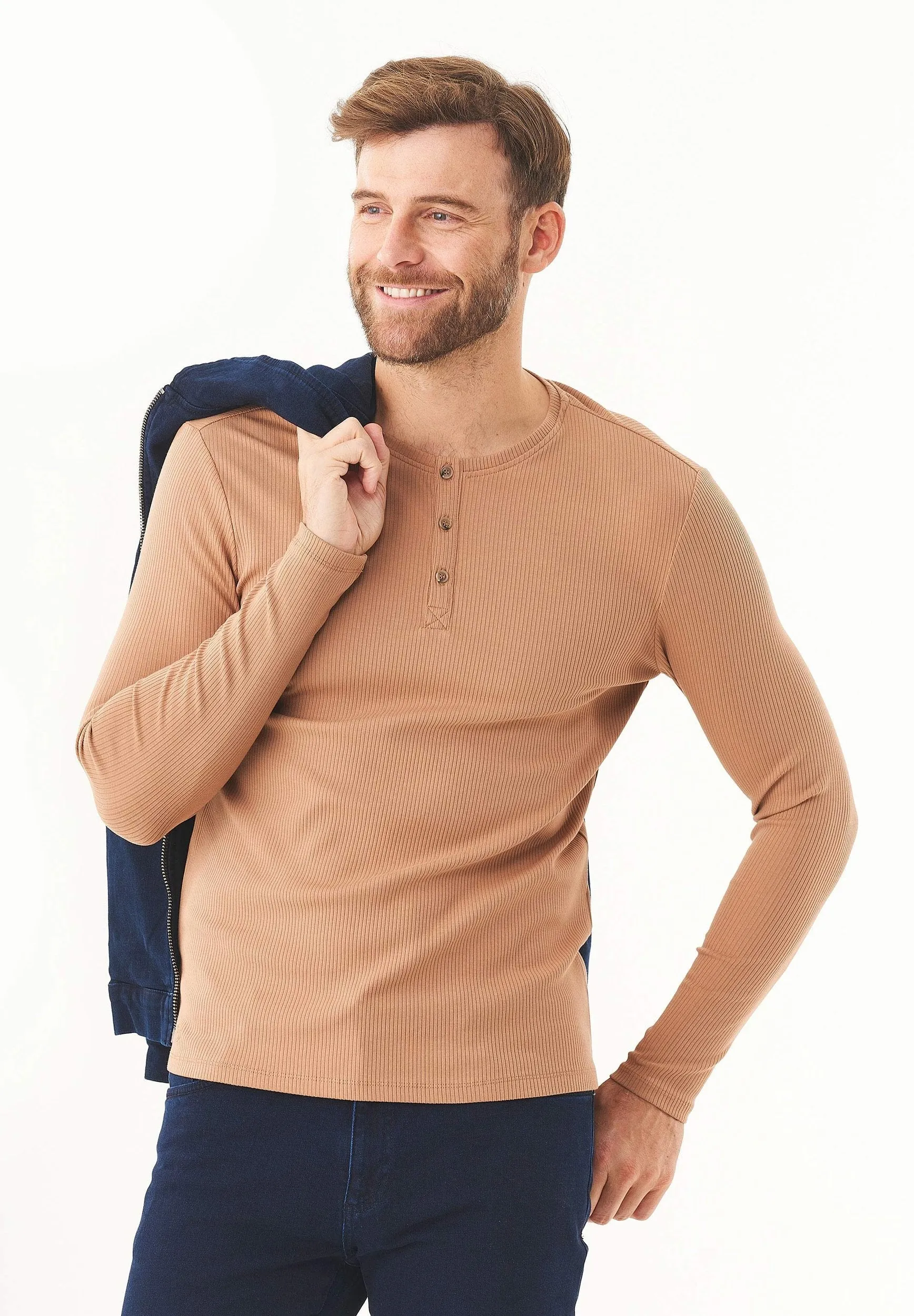 Men's Long-Sleeved Ribbed Henley Shirt Light Brown sold by Ivalo.com product image thumbnail 3