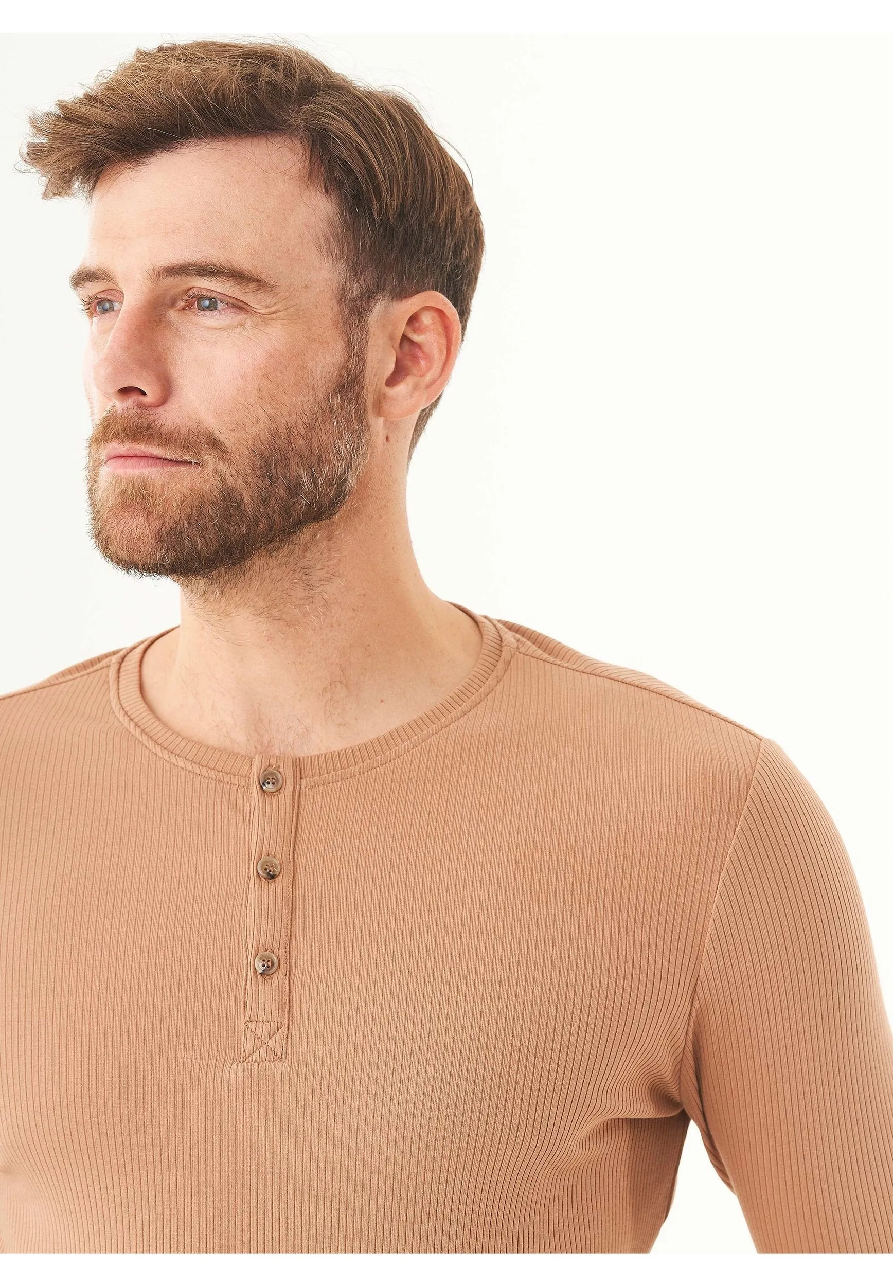 Men's Long-Sleeved Ribbed Henley Shirt Light Brown sold by Ivalo.com product image thumbnail 5
