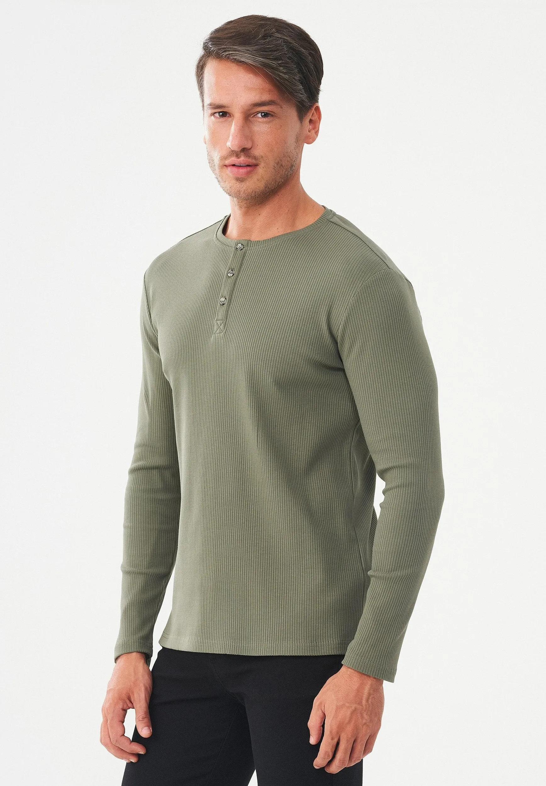 Men's Long-Sleeved Ribbed Henley Shirt Khaki sold by Ivalo.com product image thumbnail 4