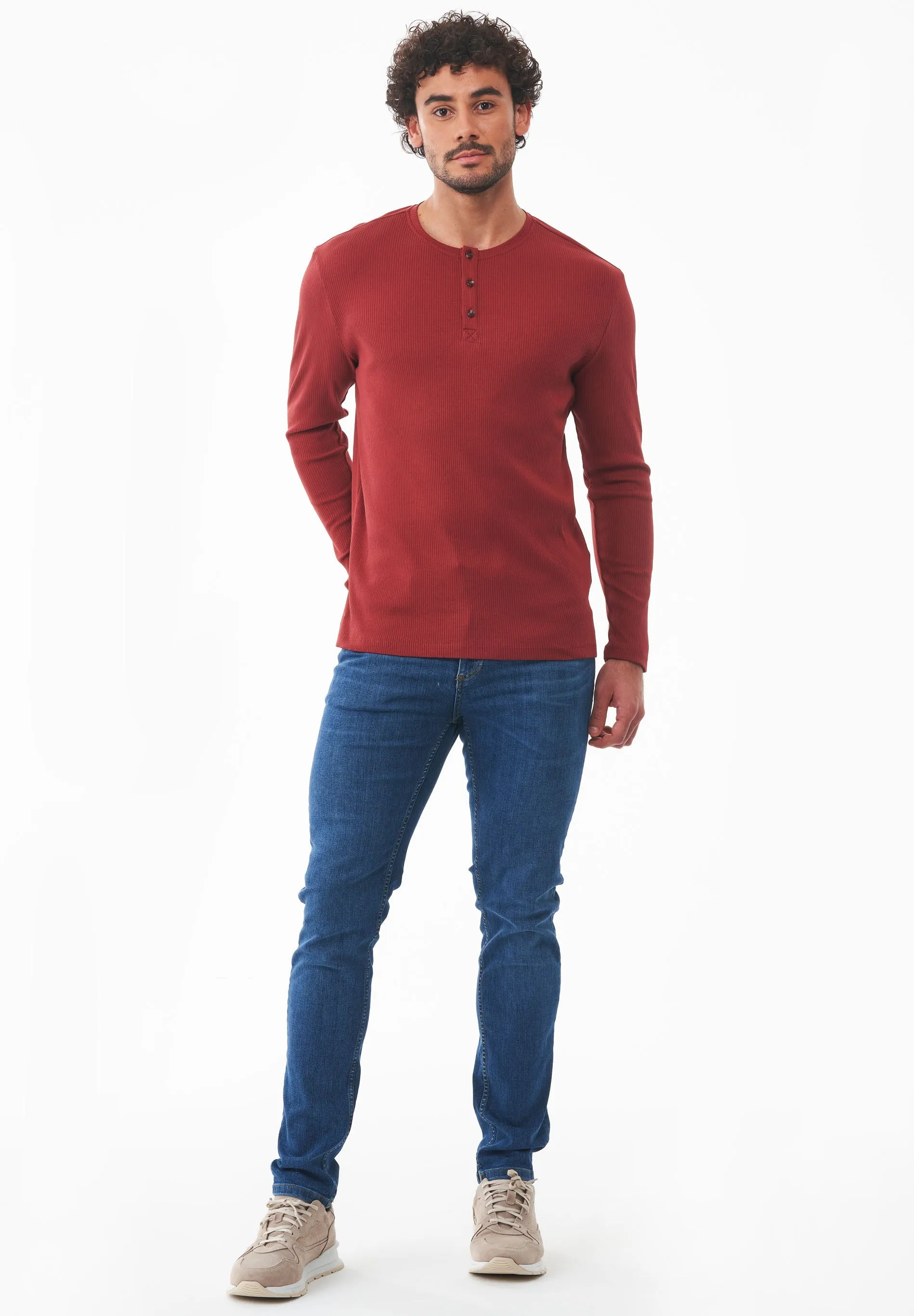Men's Long-Sleeved Ribbed Henley Shirt Merlot sold by Ivalo.com product image thumbnail 4