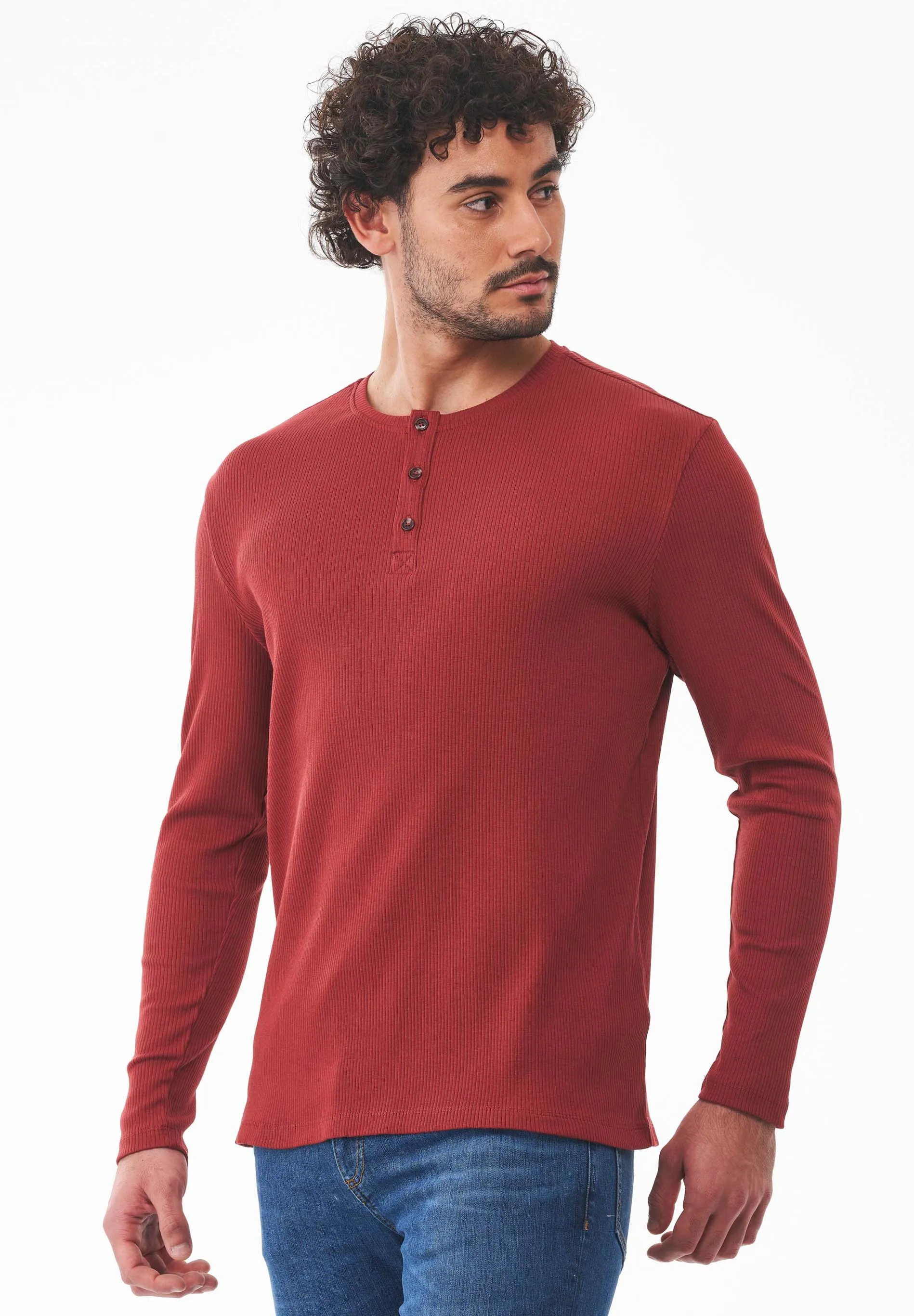 Men's Long-Sleeved Ribbed Henley Shirt Merlot sold by Ivalo.com