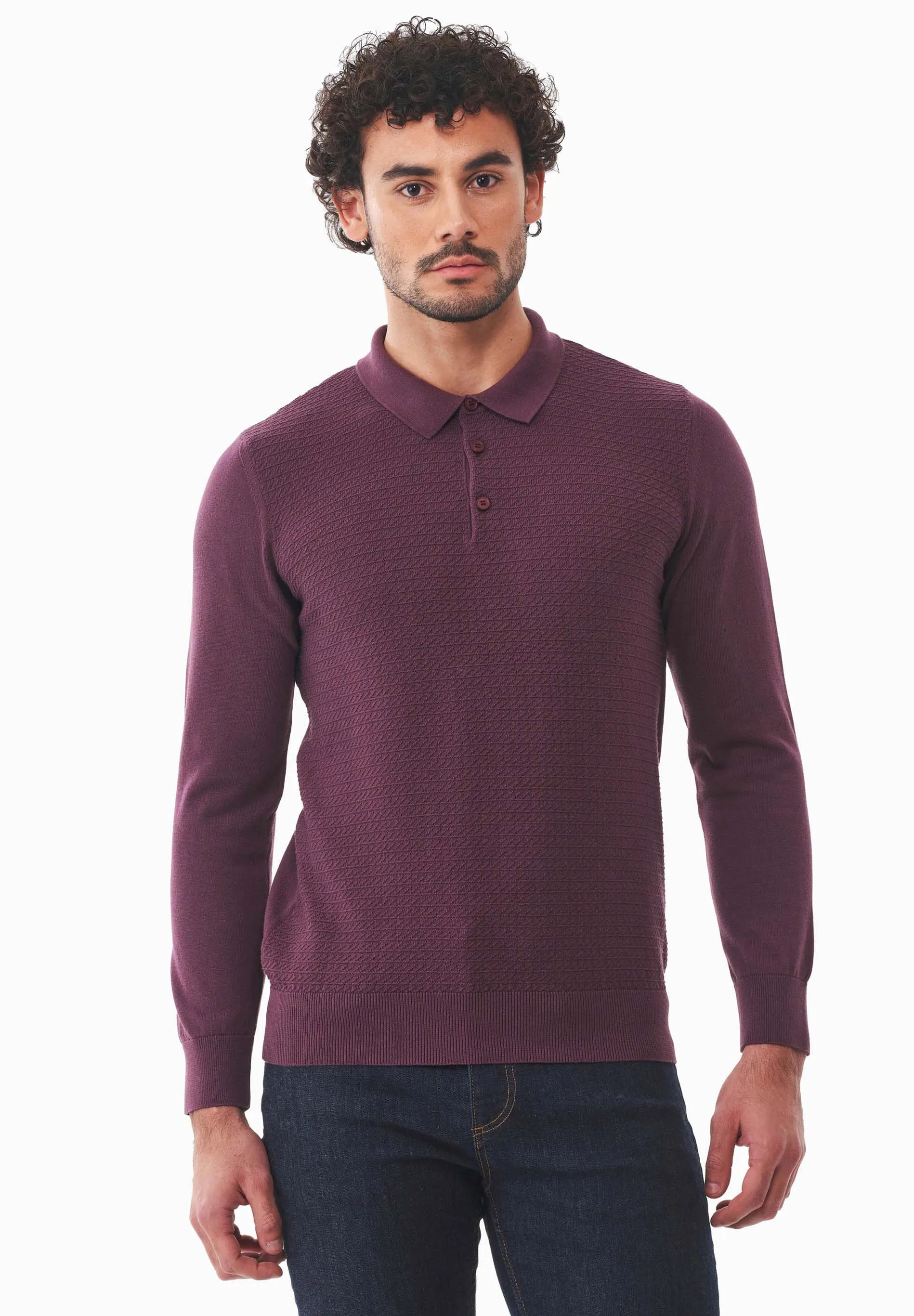 Men's Textured Knit Polo Collar Sweater Dark Fig sold by Ivalo.com