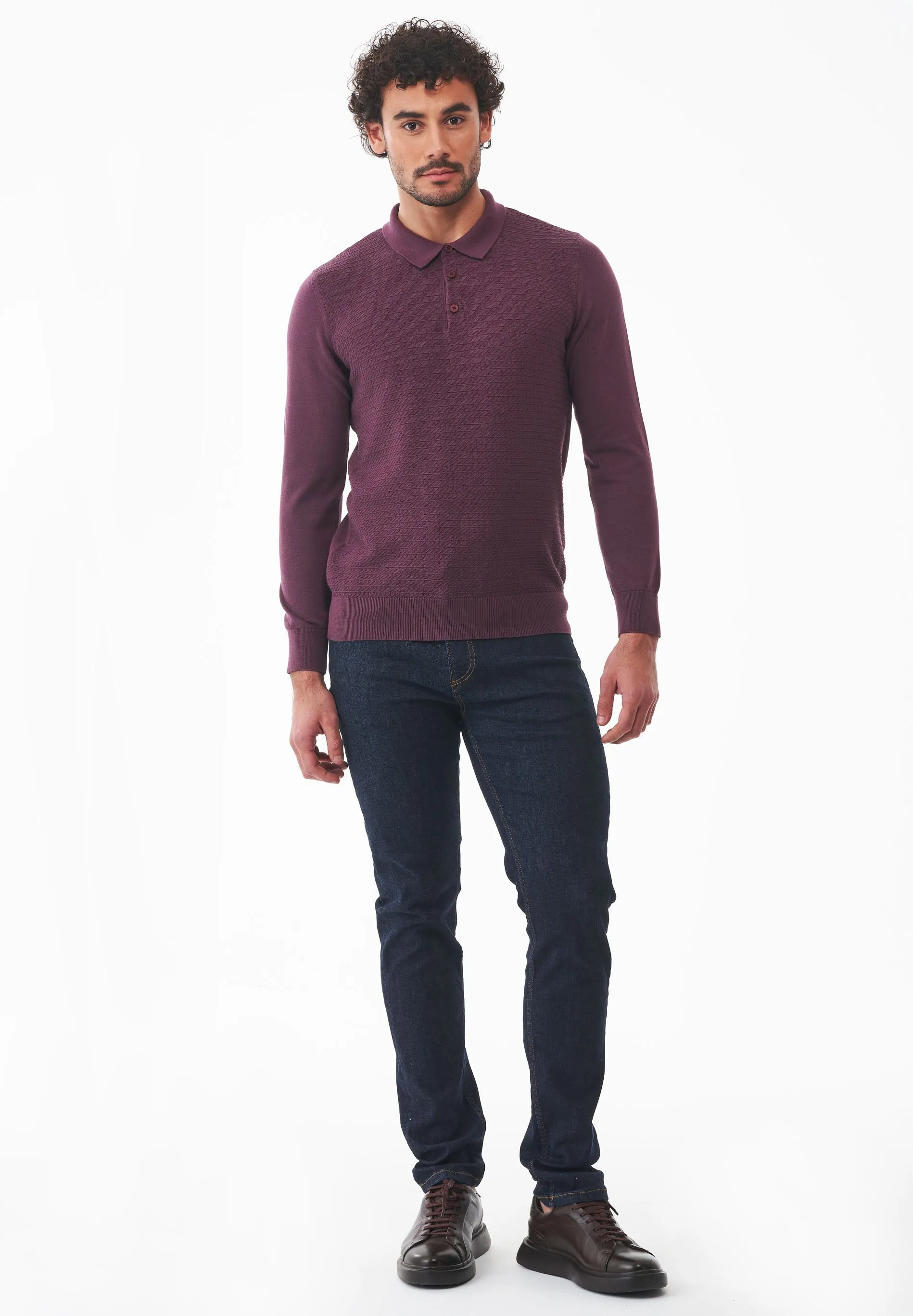 Men's Textured Knit Polo Collar Sweater Dark Fig sold by Ivalo.com product image thumbnail 3