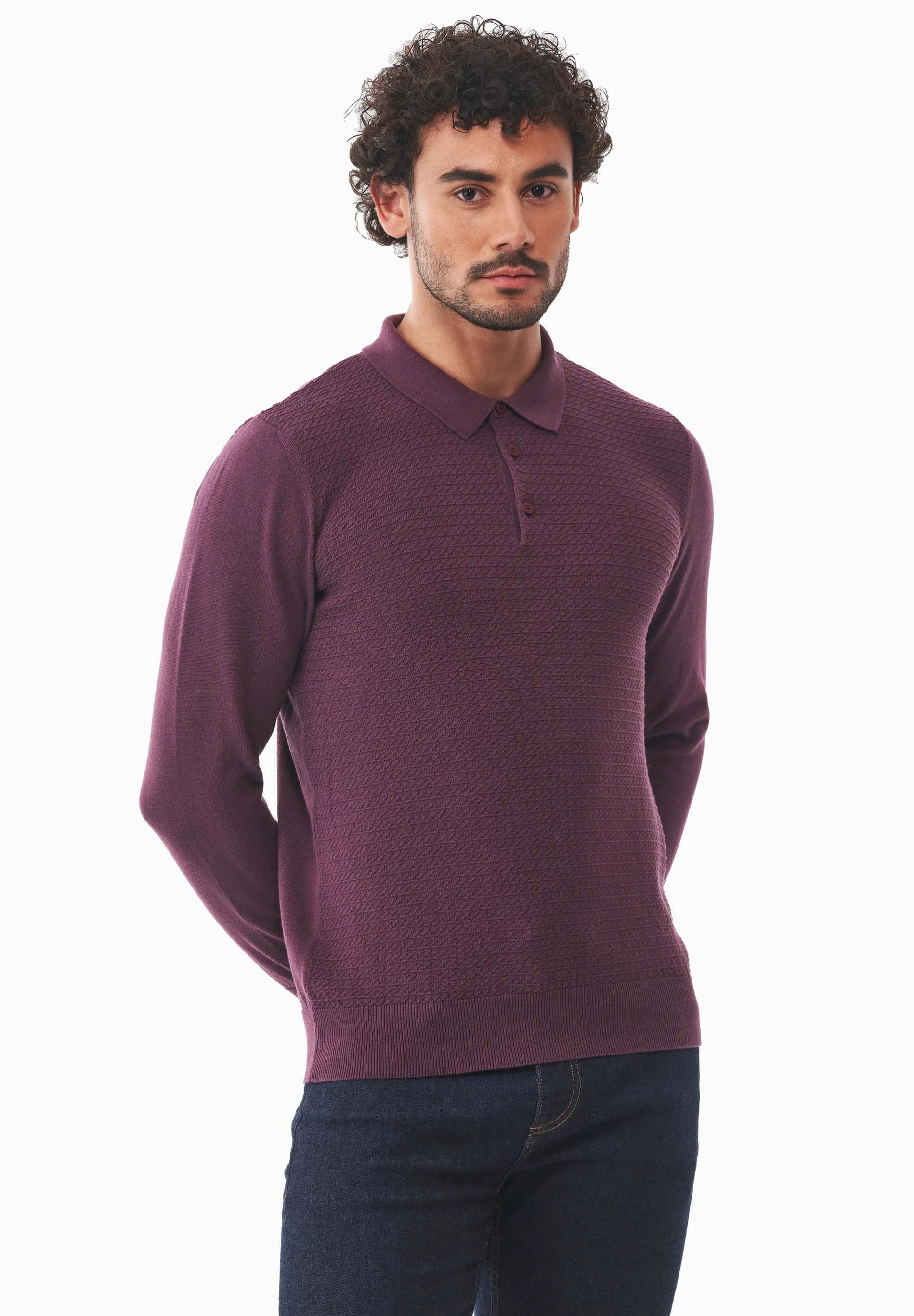 Men's Textured Knit Polo Collar Sweater Dark Fig sold by Ivalo.com product image thumbnail 4