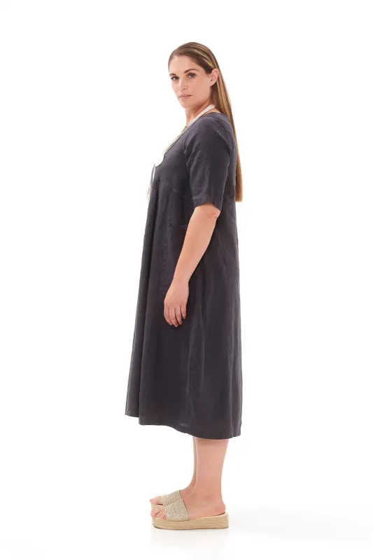 Midi Linen Dress with Tab Sleeve and Front Pockets sold by Ivalo.com
