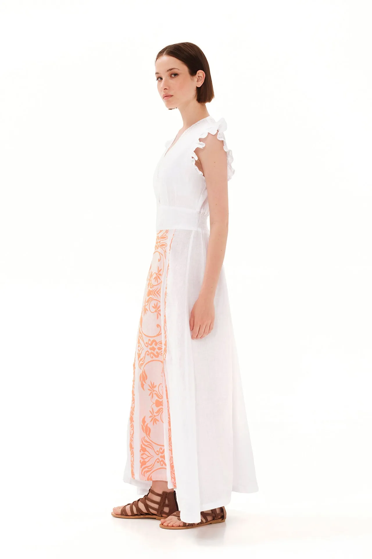 Embroidered Lace Insert Linen Maxi Dress White / Athena Orange sold by Ivalo.com product image thumbnail 4
