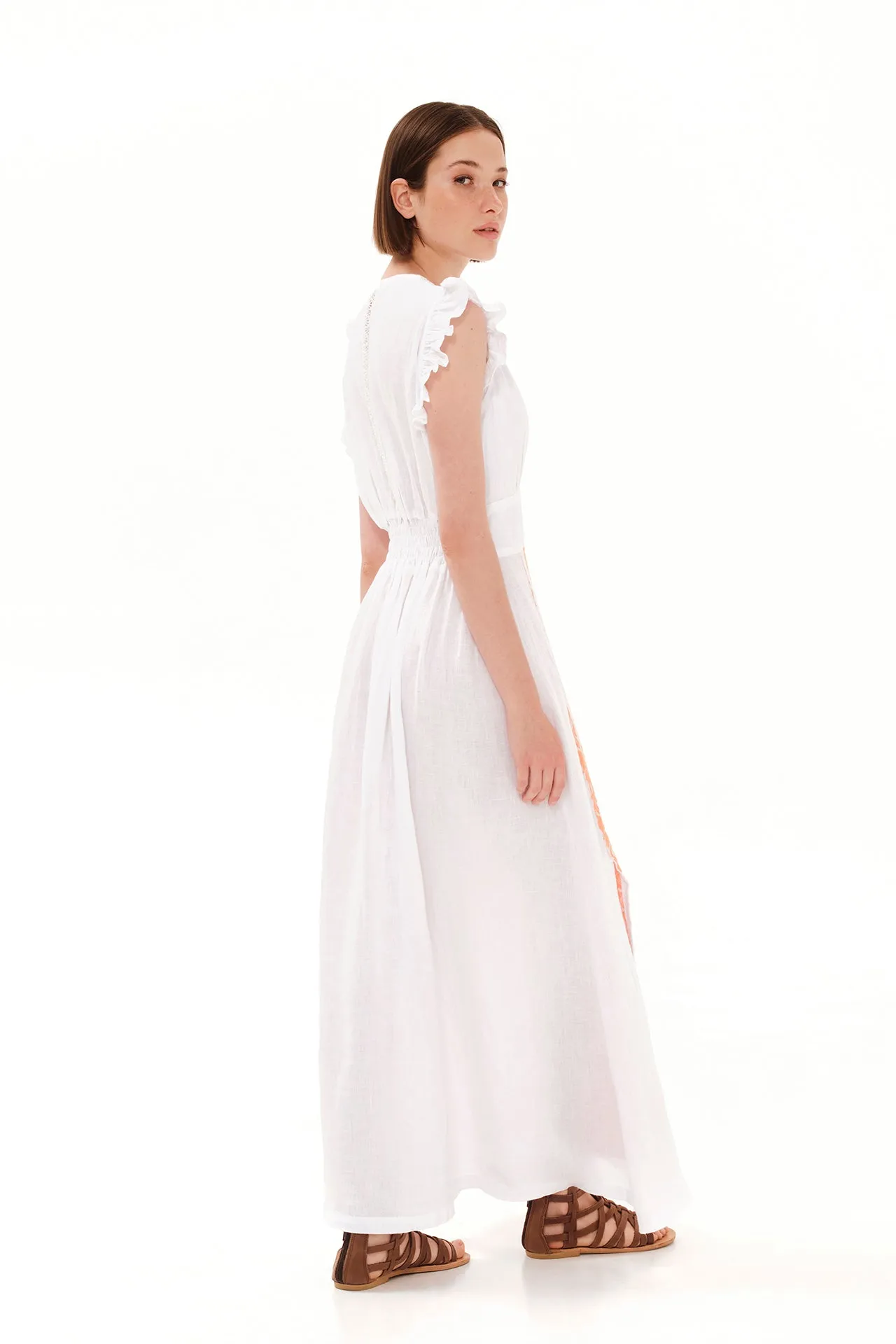 Embroidered Lace Insert Linen Maxi Dress White / Athena Orange sold by Ivalo.com product image thumbnail 3