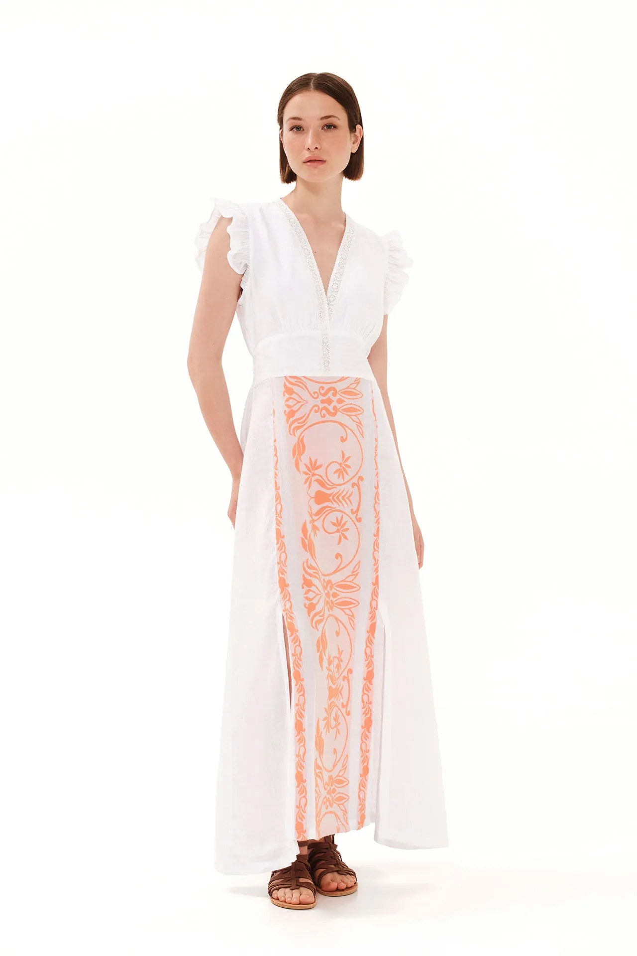 Embroidered Lace Insert Linen Maxi Dress White / Athena Orange sold by Ivalo.com