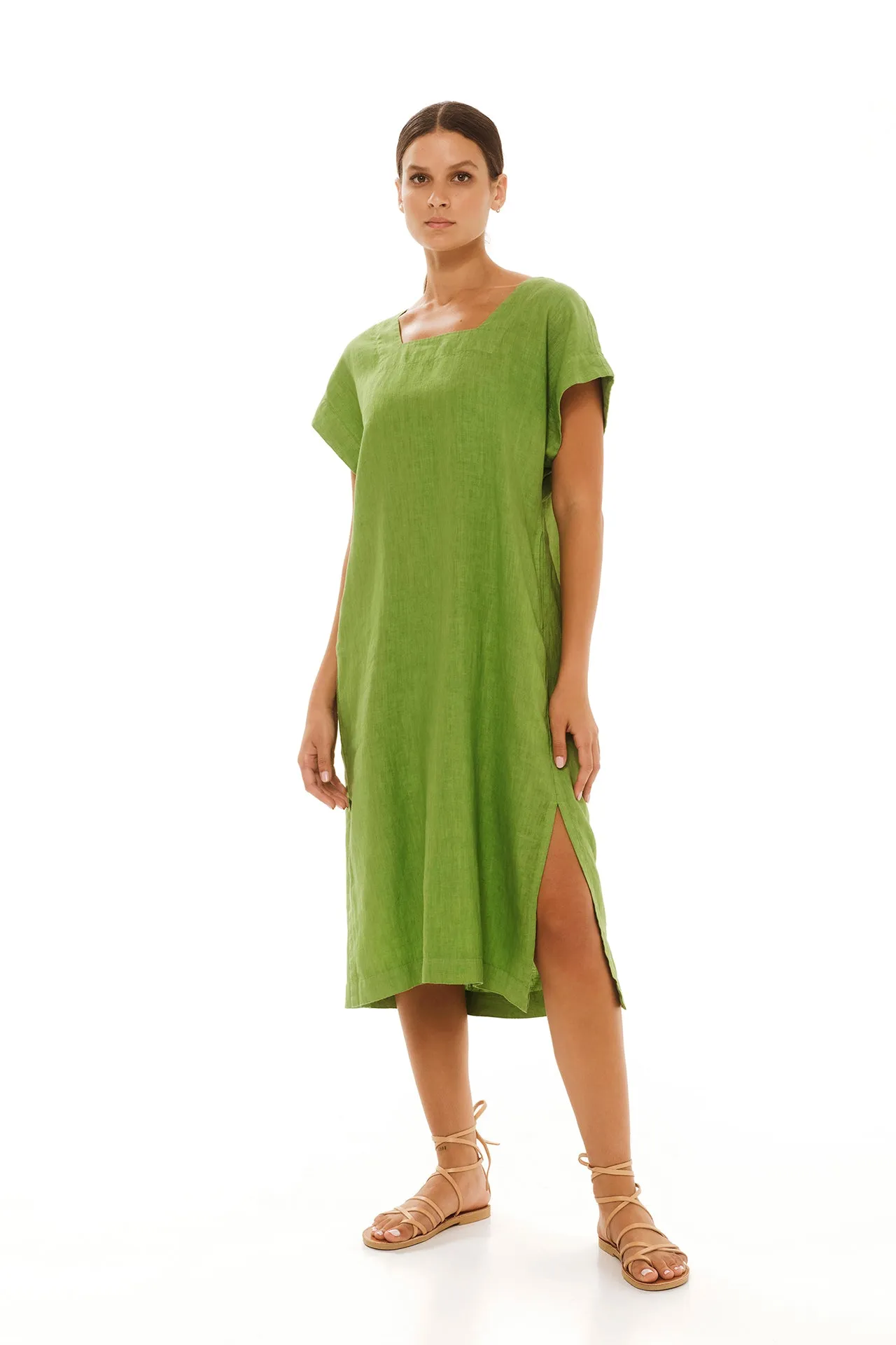 Smock Linen Dress with Split Hem Avocado sold by Ivalo.com