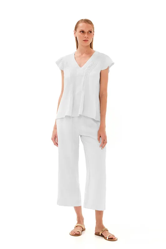 Pleated Detail  Linen Blouse with V Neck sold by Ivalo.com