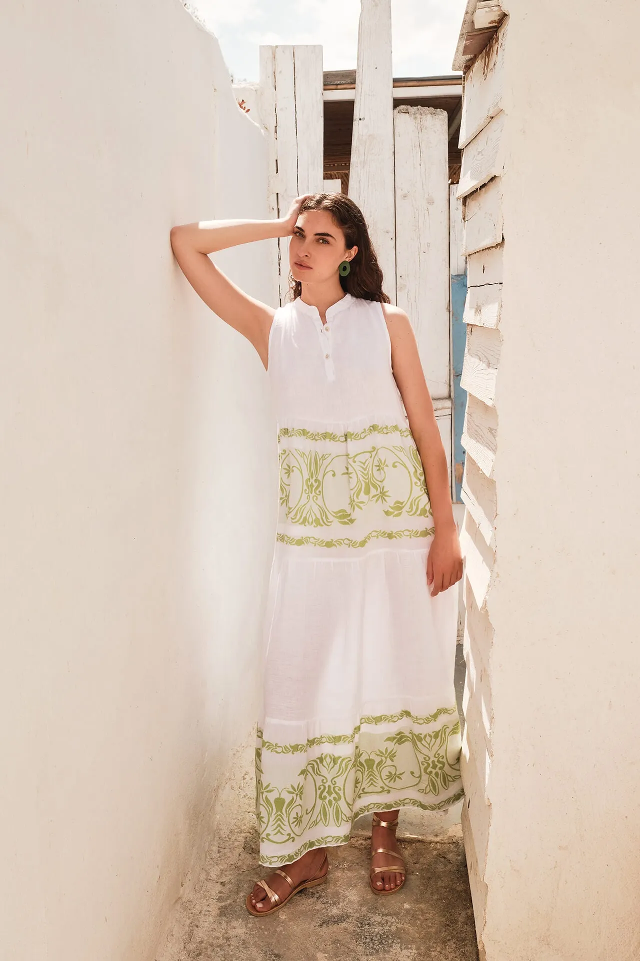 Smock Maxi Linen Dress with Embroidered Details White / Athena Green sold by Ivalo.com product image thumbnail 2