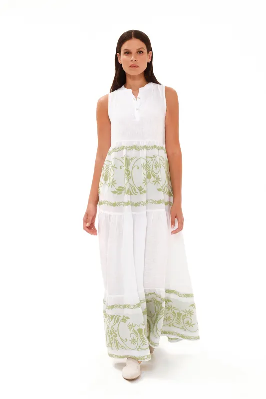 Smock Maxi Linen Dress with Embroidered Details White / Athena Green sold by Ivalo.com