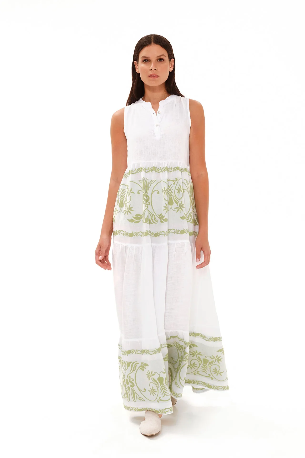 Smock Maxi Linen Dress with Embroidered Details White / Athena Green sold by Ivalo.com