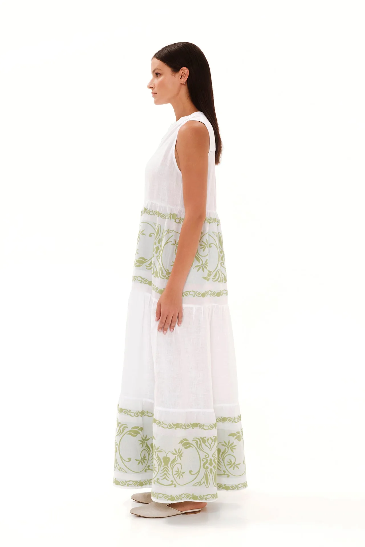 Smock Maxi Linen Dress with Embroidered Details White / Athena Green sold by Ivalo.com product image thumbnail 4