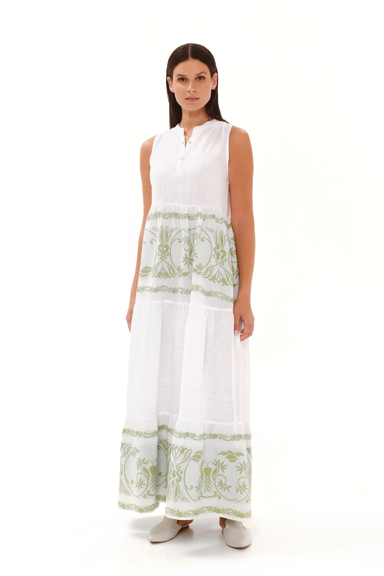 Smock Maxi Linen Dress with Embroidered Details White / Athena Green sold by Ivalo.com product image thumbnail 5
