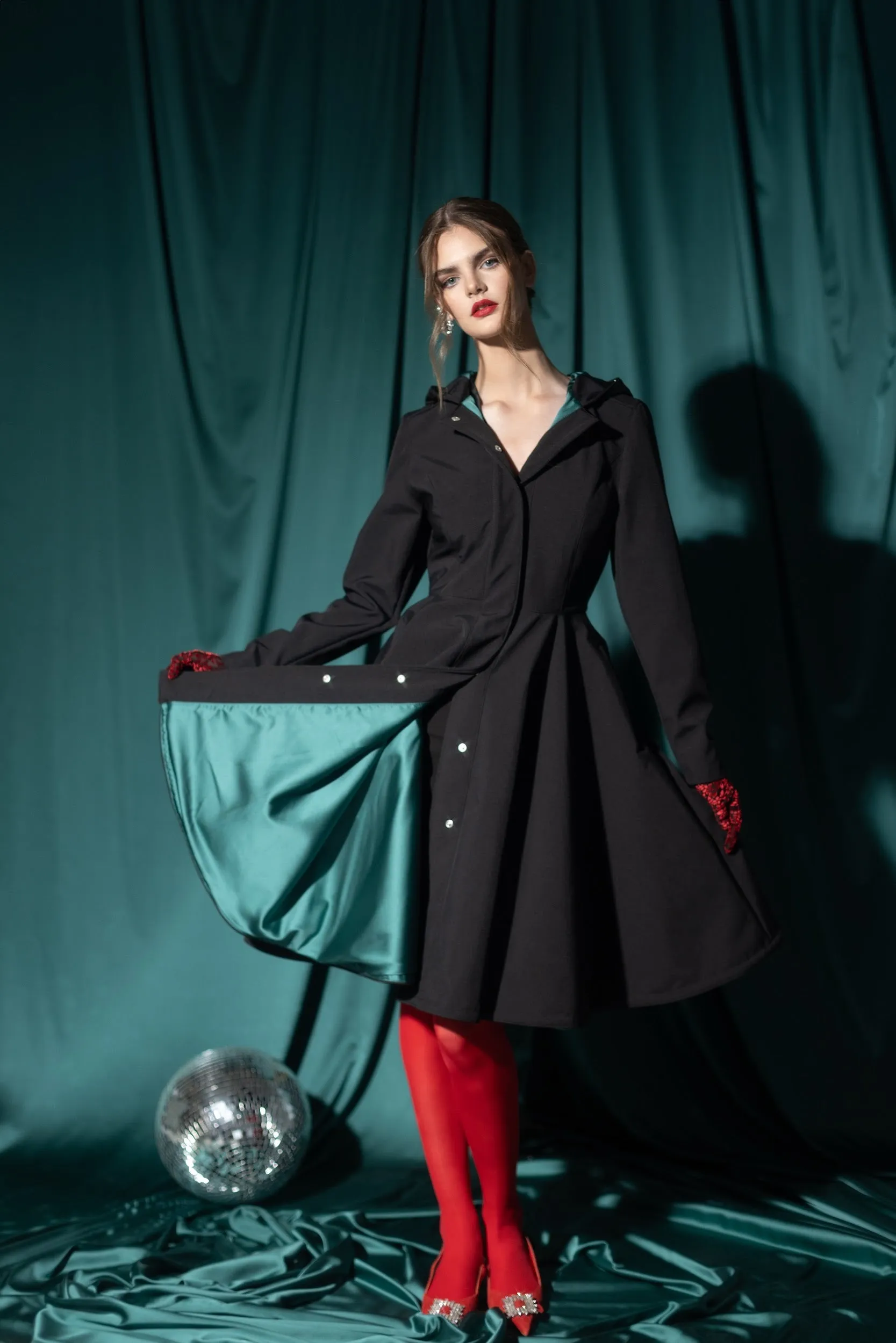 Fit and Flare Raincoat with Full Circle Hem Black / Deep Emerald sold by Ivalo.com product image thumbnail 2