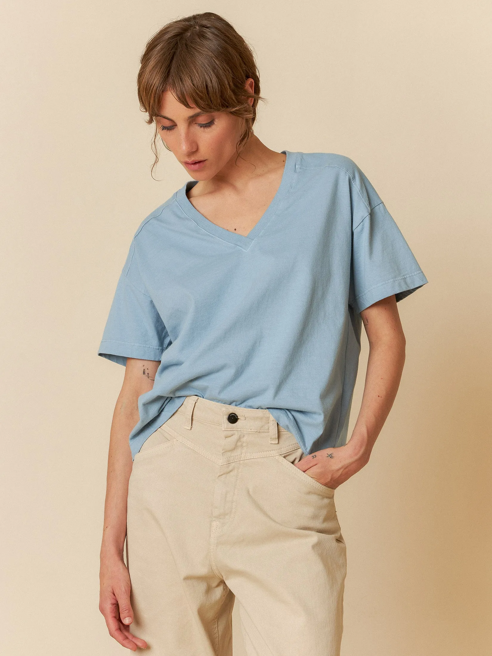 V-Neck Cotton T-Shirt Vintage Blue sold by Ivalo.com