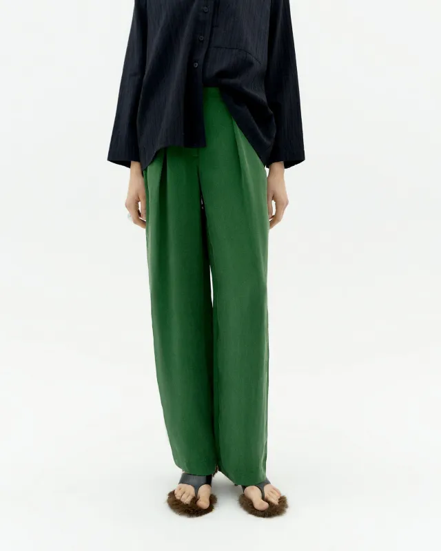 Cirila Pleated Cupro Trousers Dill Green made by Thinking Mu
