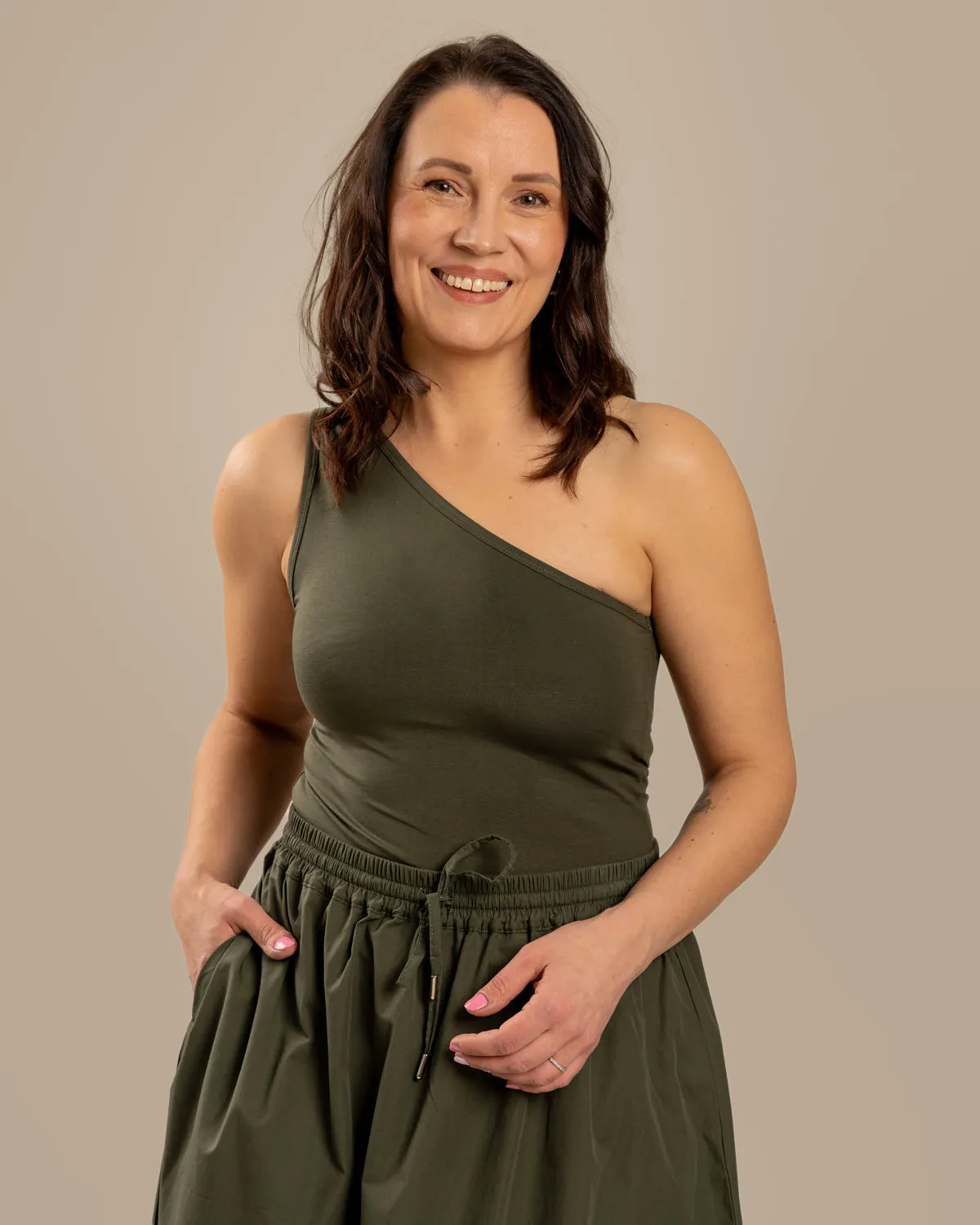 One-Shoulder Top Khaki sold by Ivalo.com