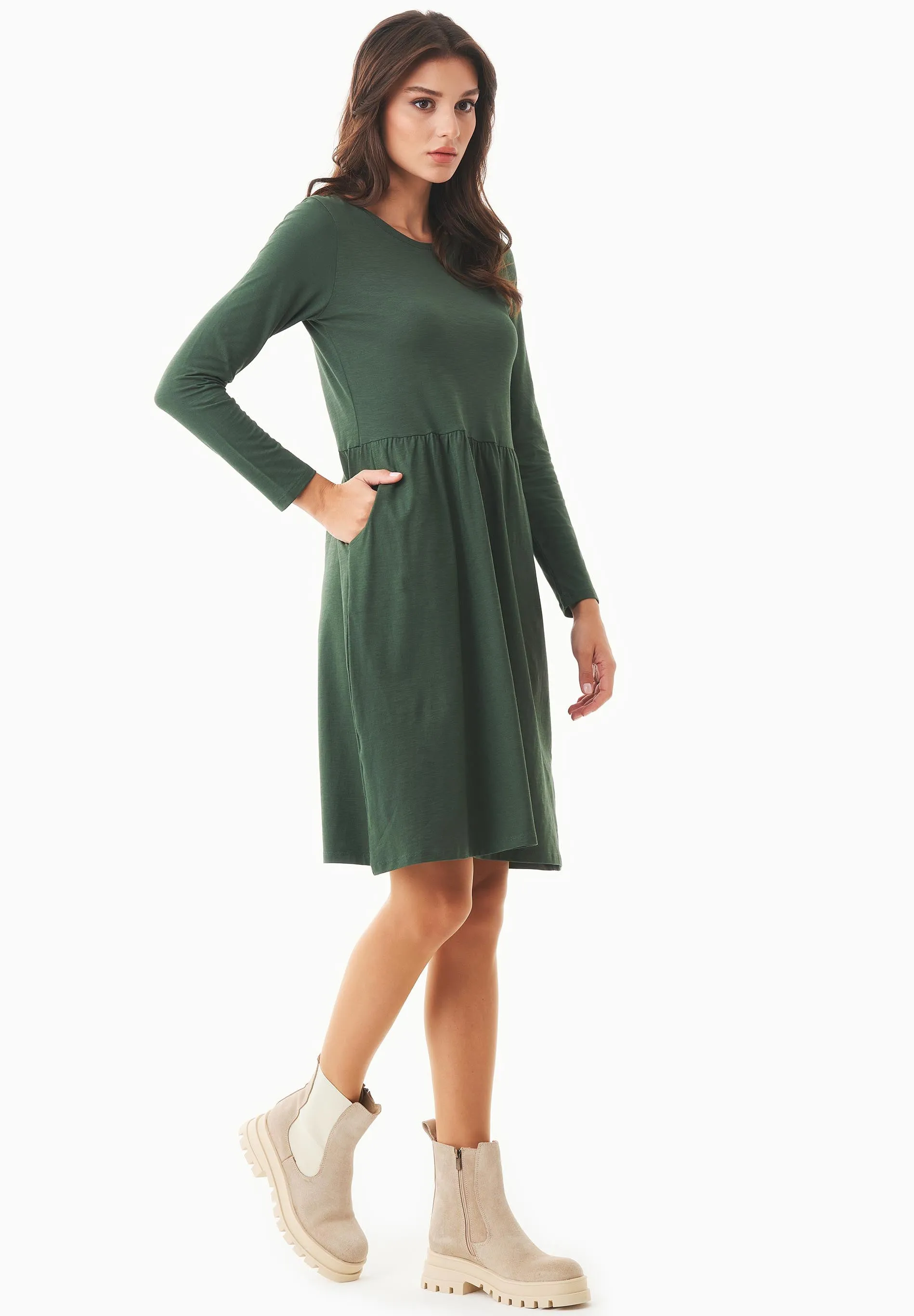Long-Sleeved Organic Cotton Jersey Dress Dark Olive sold by Ivalo.com product image thumbnail 2