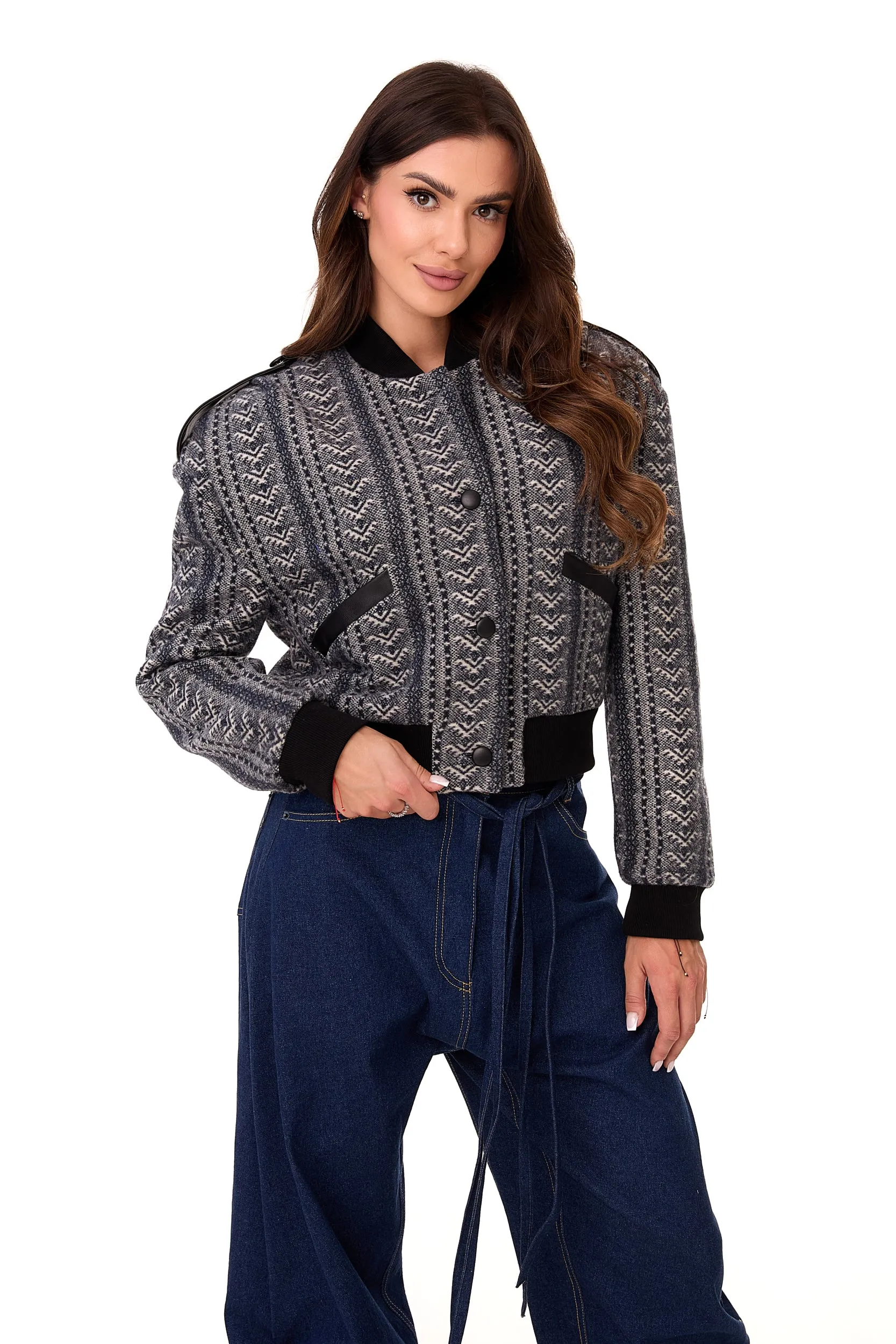 Ira Patterned Wool Bomber Jacket Navy Blue sold by Ivalo.com