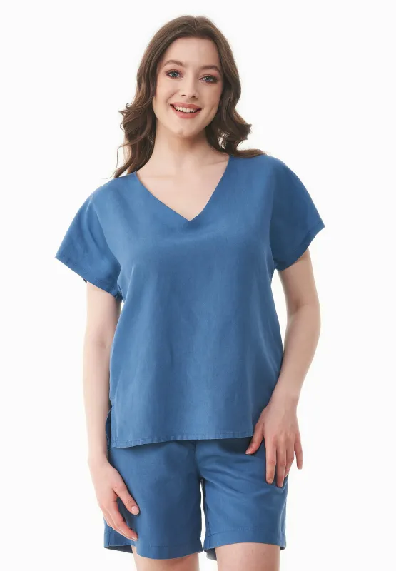 Linen-Lyocell Blend V-Neck Blouse Light Navy sold by Ivalo.com