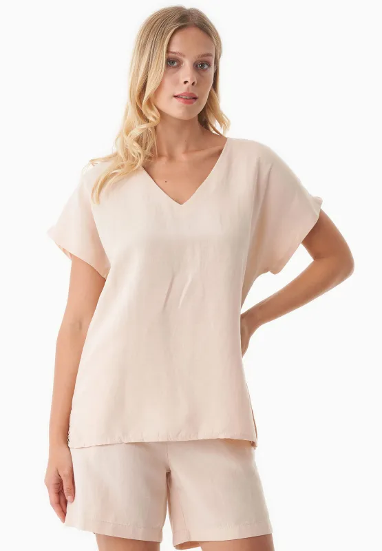 Linen-Lyocell Blend V-Neck Blouse Soft Beige sold by Ivalo.com