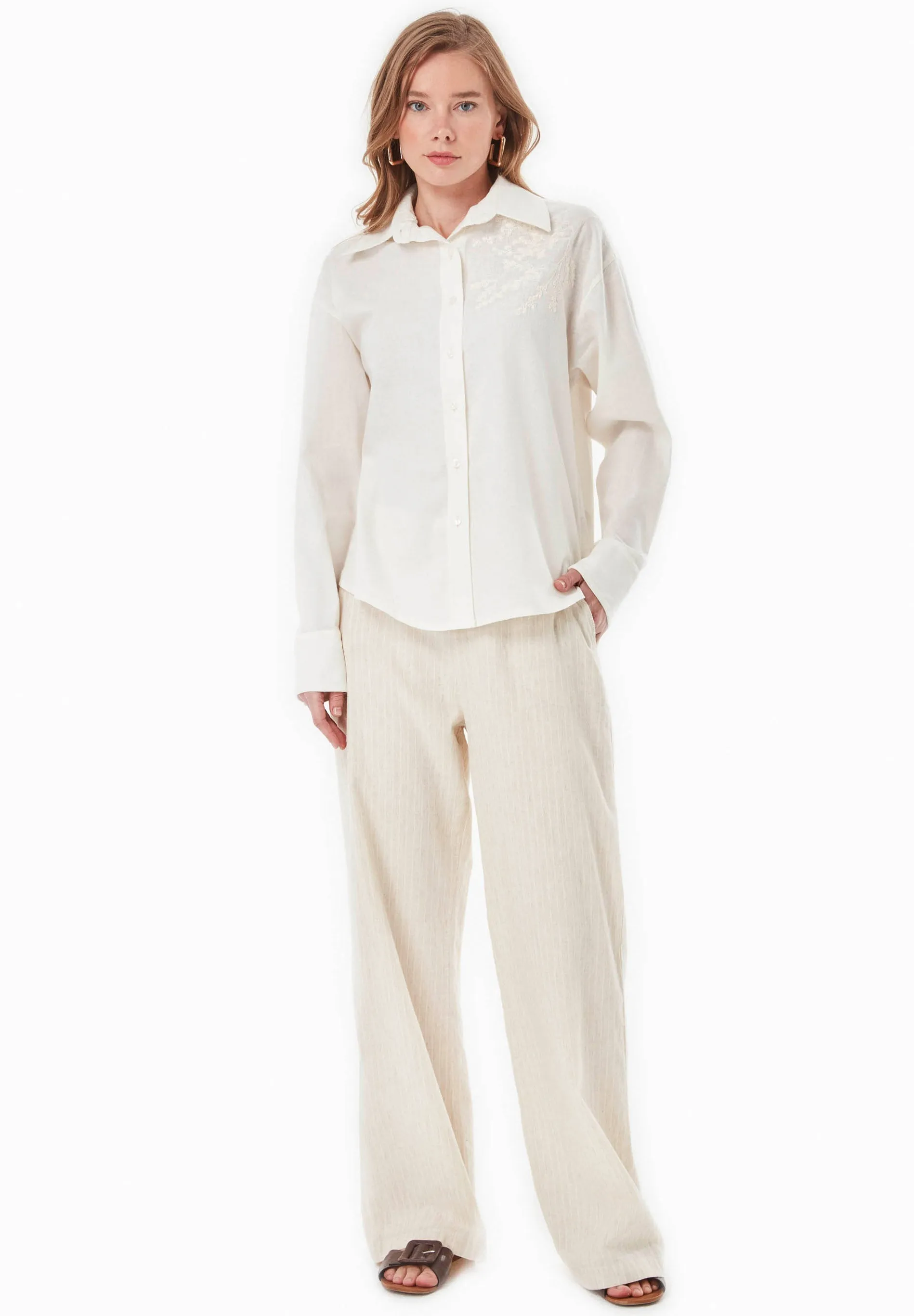 Embroidered Linen Blend Button-Up Off White sold by Ivalo.com product image thumbnail 5