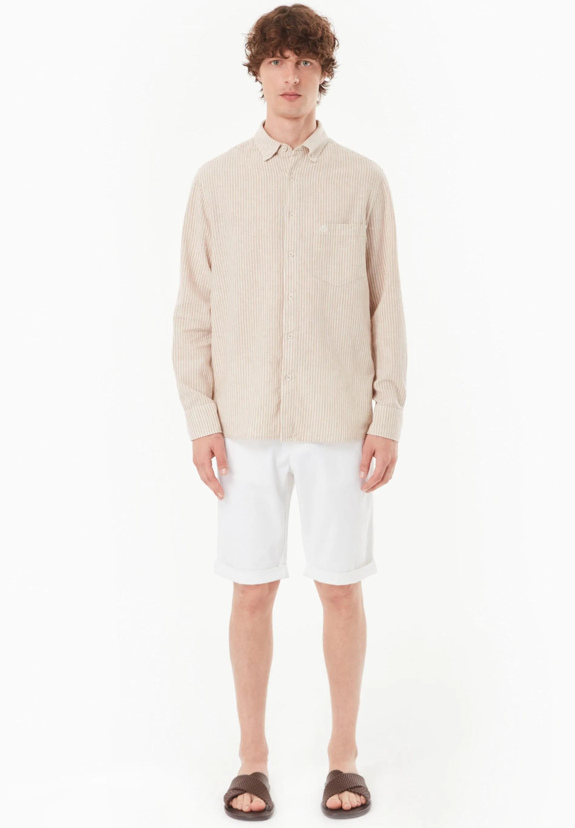 Men's Striped Linen Blend Button-Up Shirt Beige/Off White sold by Ivalo.com product image thumbnail 4