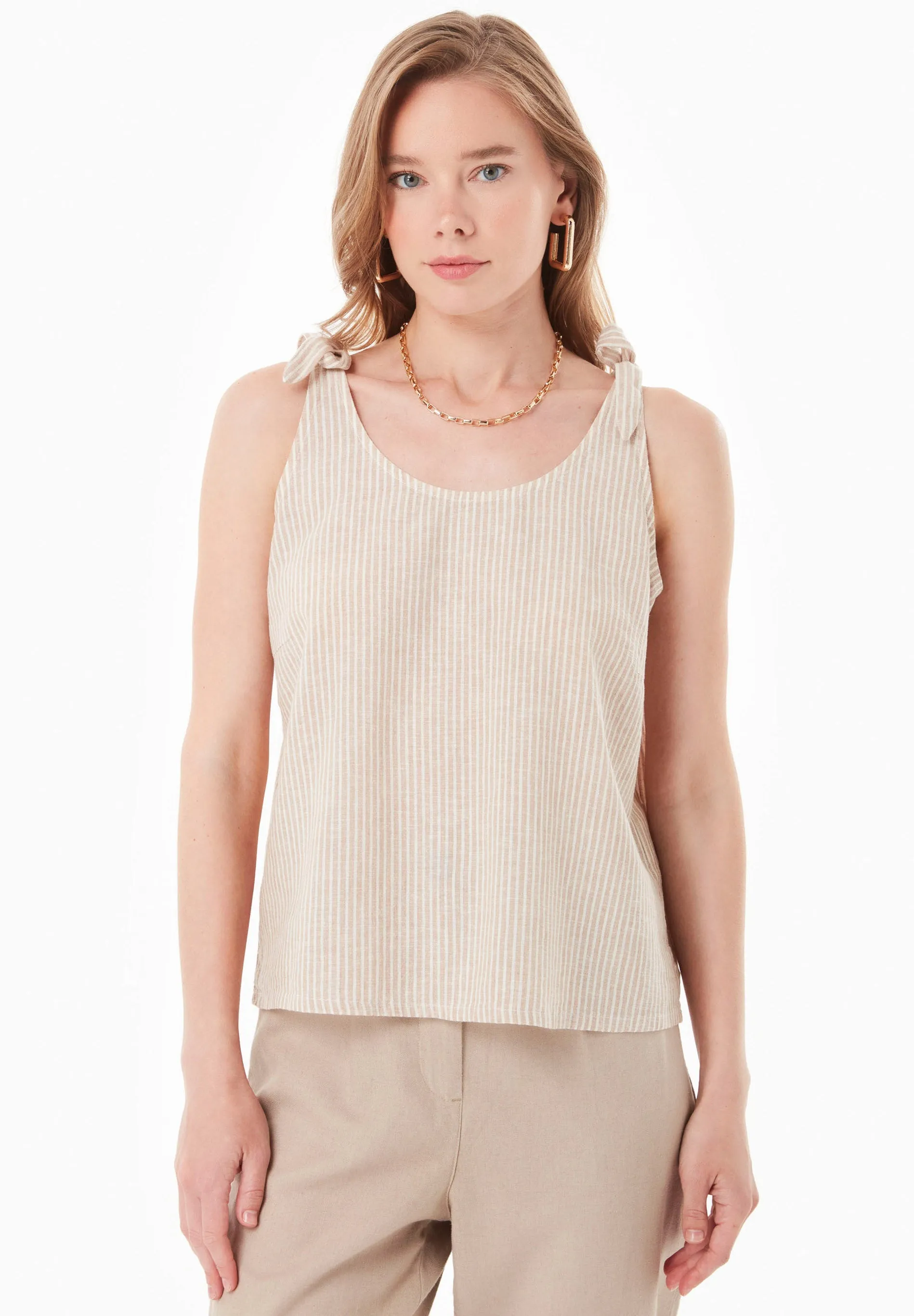 Striped Linen Blend Tie Strap Top Beige/Off White sold by Ivalo.com product image thumbnail 3