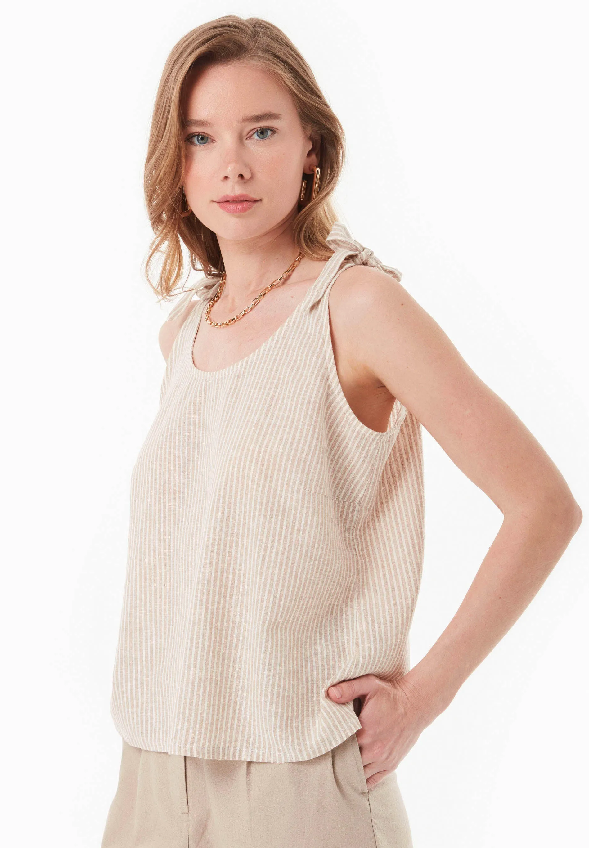 Striped Linen Blend Tie Strap Top Beige/Off White sold by Ivalo.com