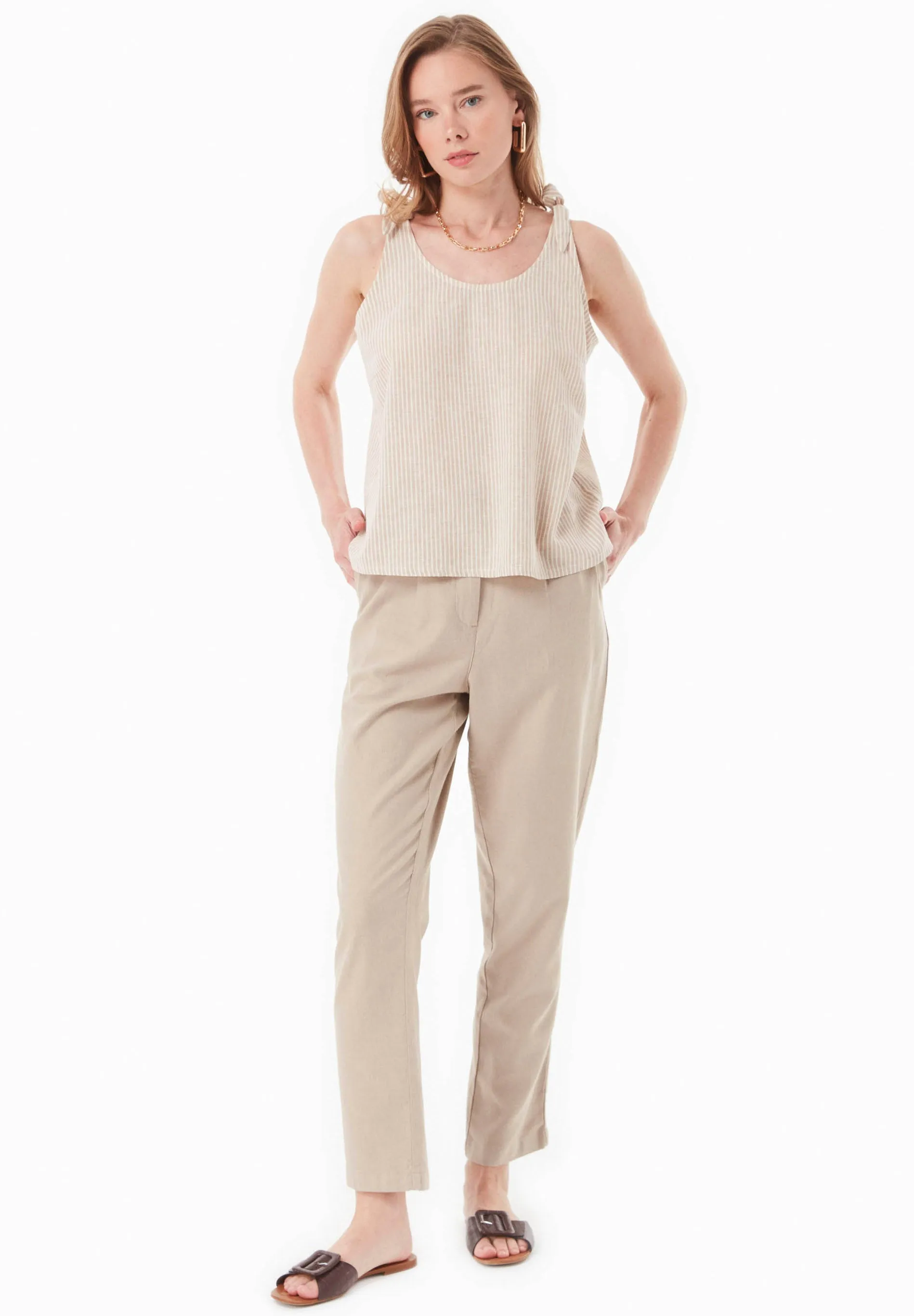 Striped Linen Blend Tie Strap Top Beige/Off White sold by Ivalo.com product image thumbnail 5